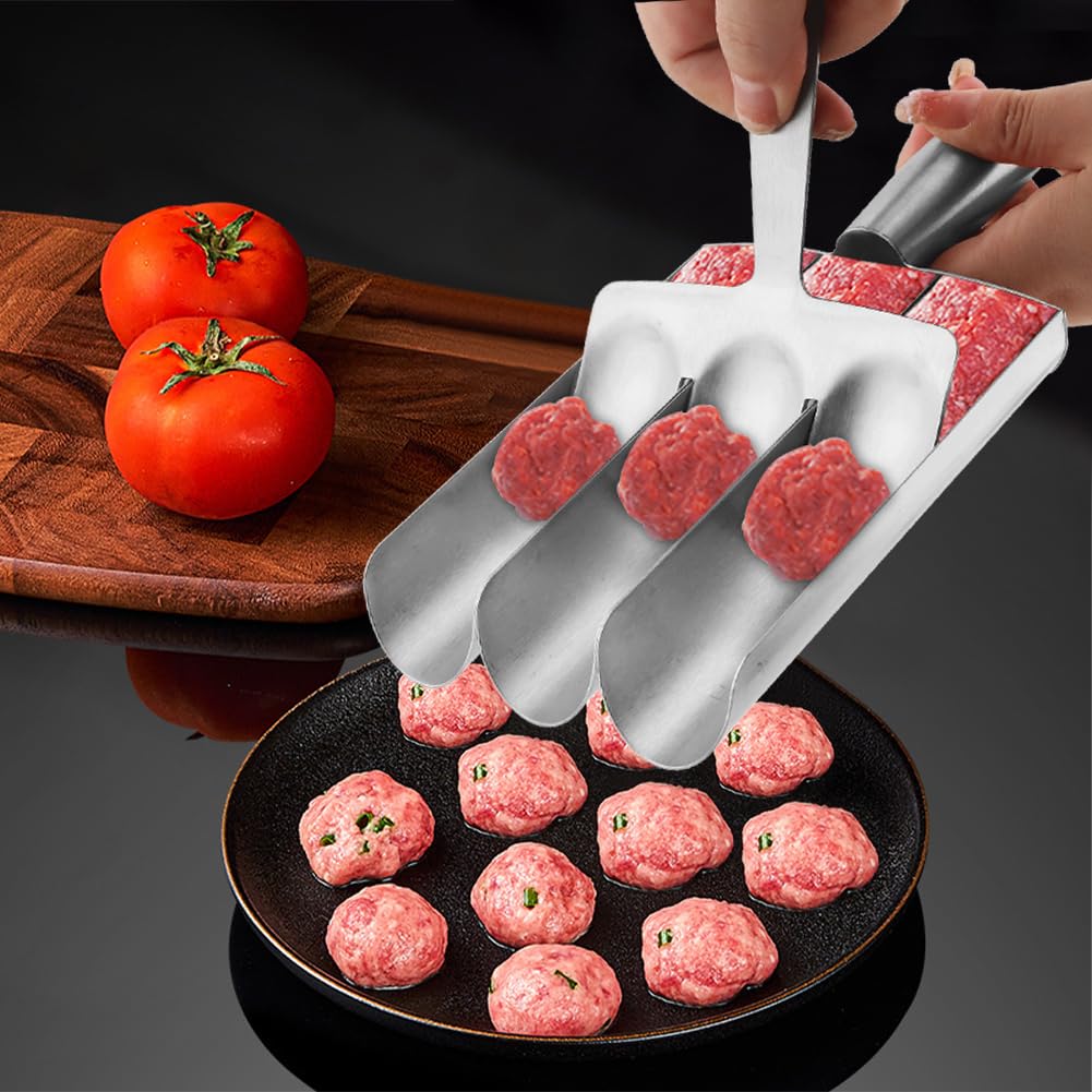 Premium Stainless Steel Triple Ball Maker - Perfect for Meatballs, Shrimp & Veggie Scoops - Durable Kitchen Cooking Tool for Home Chefs & Meal Prep - Ideal for Pasta Dishes, Appetizers & Party Food Preparation