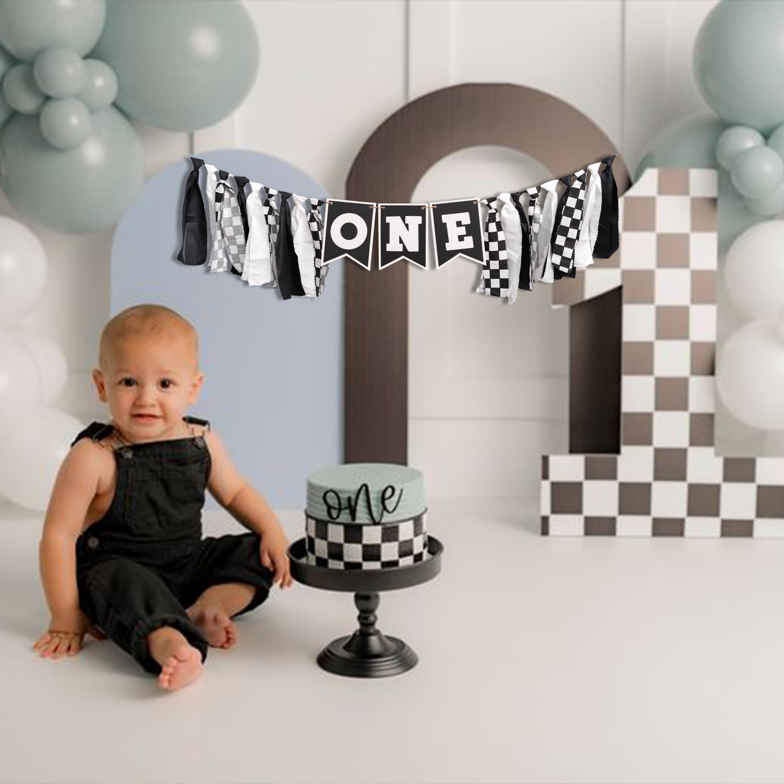 Black & White Race Car Highchair Banner - 1st Birthday Decorations, Race Car Theme Photo Prop for Baby's First Birthday Party | Perfect for Race Car Themed Birthday Decor, Highchair Photo Shoots & Party Backdrops | VANGNING