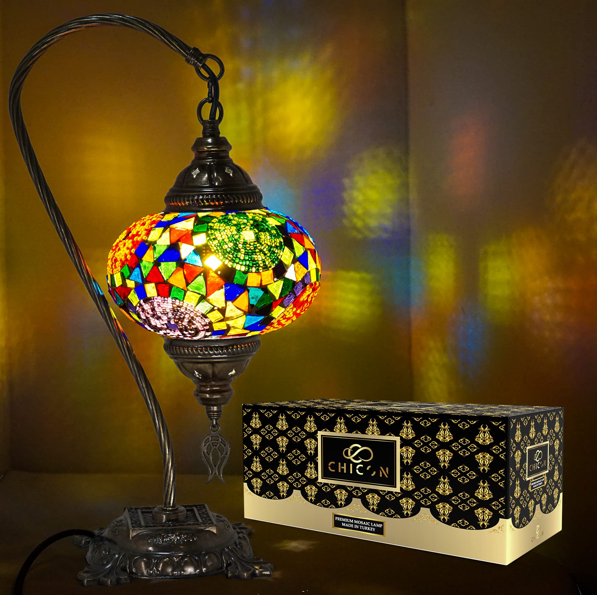 CHICON Handmade Mosaic Turkish Lamp - Genuine Glass Mosaic Art, Antique Vintage Tiffany Boho Style, Moroccan Bohemian Small Table Lamp with 3 Multicolor Globes - Perfect for Living Room, Bedroom, or Meditation Space