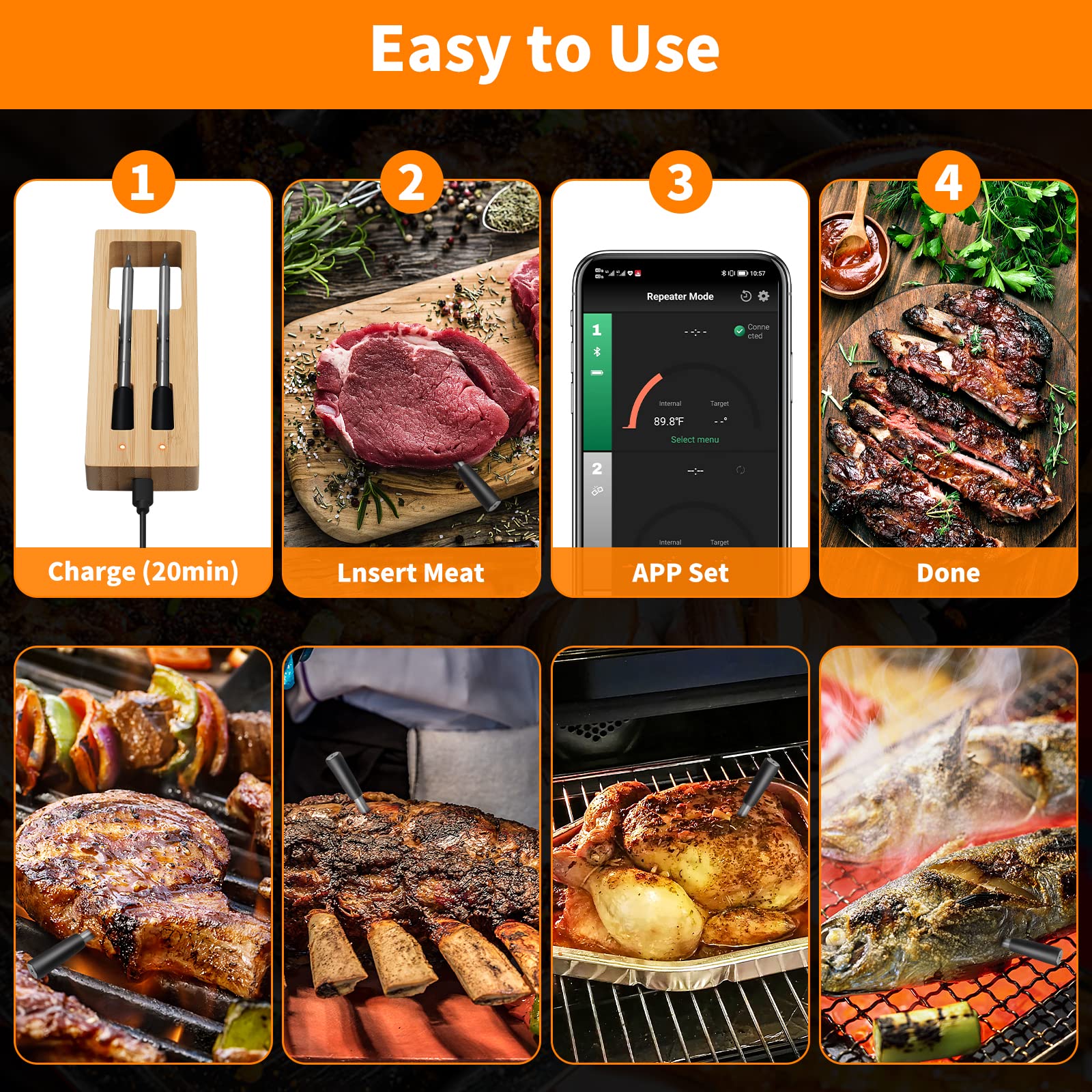 Smart Wireless Meat Thermometer with Bluetooth 260ft Range - Digital Cooking Thermometer for Grilling, Smoking, Oven, BBQ & Rotisserie (2 Probes) | Perfect for Outdoor Cooking, Home Kitchen & Backyard Parties