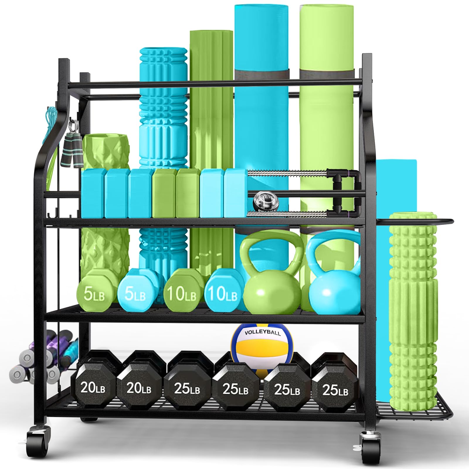 Heavy Duty Weight Rack for Home Gym - 450 lbs Capacity Dumbbell & Kettlebell Storage Organizer with Wheels & Hooks, Yoga Mat Holder - Perfect for Garage, Basement & Home Workout Spaces