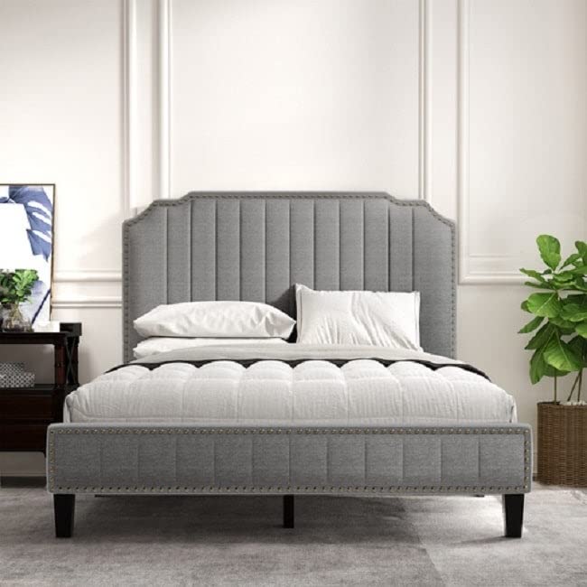 Modern Solid Wood Platform Bed with Nailhead Trim - Full Size Grey for Contemporary Bedrooms