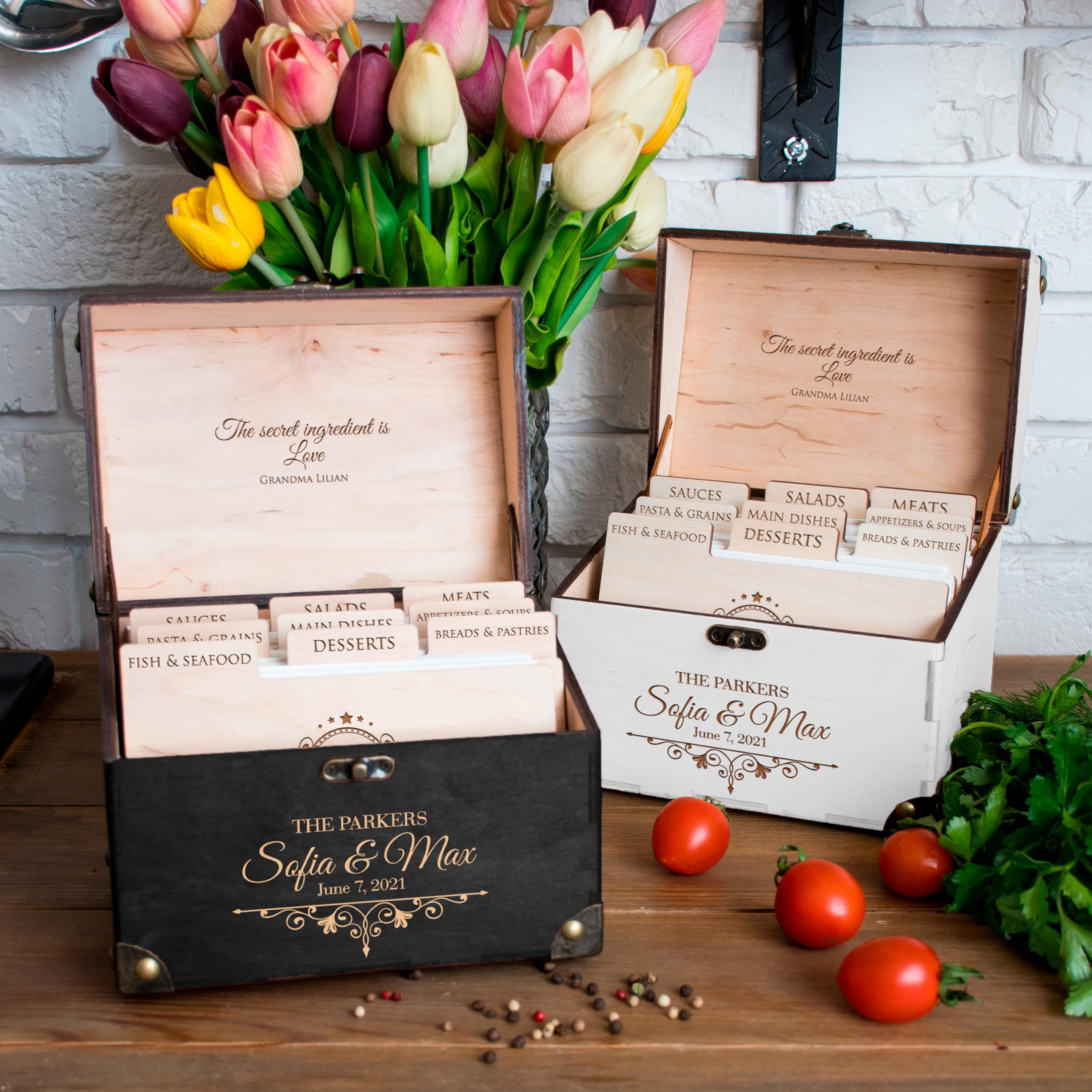 Personalized Wooden Recipe Box for Wedding & Bridal Shower - Custom Recipe Card Organizer with 9 Dividers & Blank Cards - Unique Housewarming & Christmas Gift for Couples - Perfect for Kitchen Organization, Recipe Storage & Family Cooking Memories
