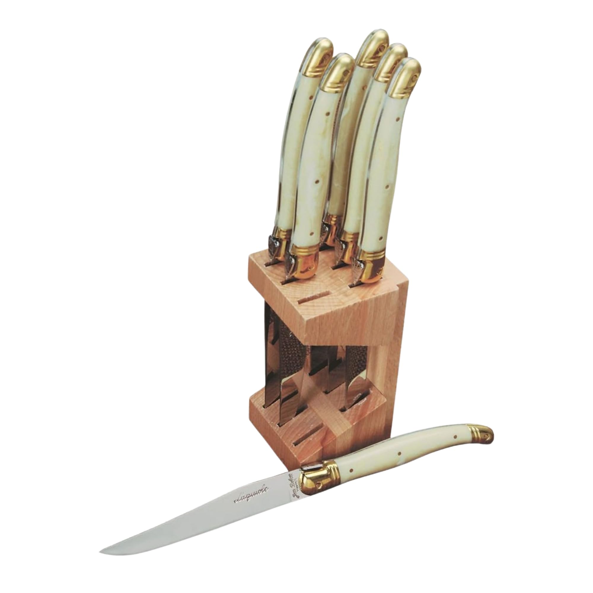 Premium Jean Dubost Laguiole 6-Piece Steak Knife Set with Ivory Handles - 1.2mm High-Carbon Stainless Steel Blades - Rust-Resistant & Durable - Includes Elegant Wooden Block - Made in France - Perfect for Fine Dining, Steakhouse Experience & Gourmet Gift Giving