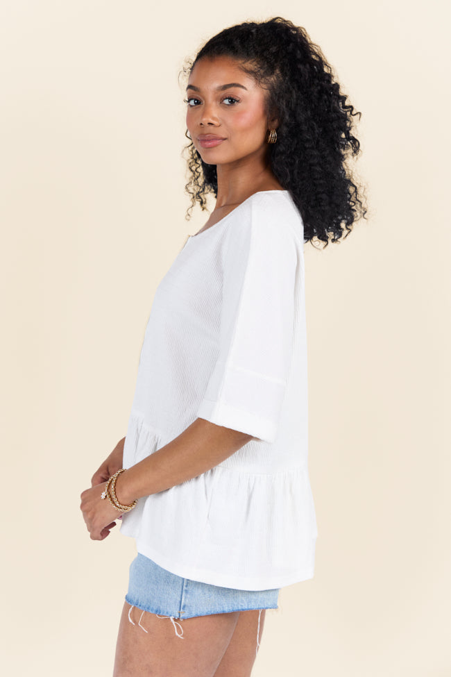 Caught In The Moment Ivory Textured Knit Henley Tee for Women | Soft Casual Long Sleeve Shirt | Perfect for Fall Layering and Everyday Wear