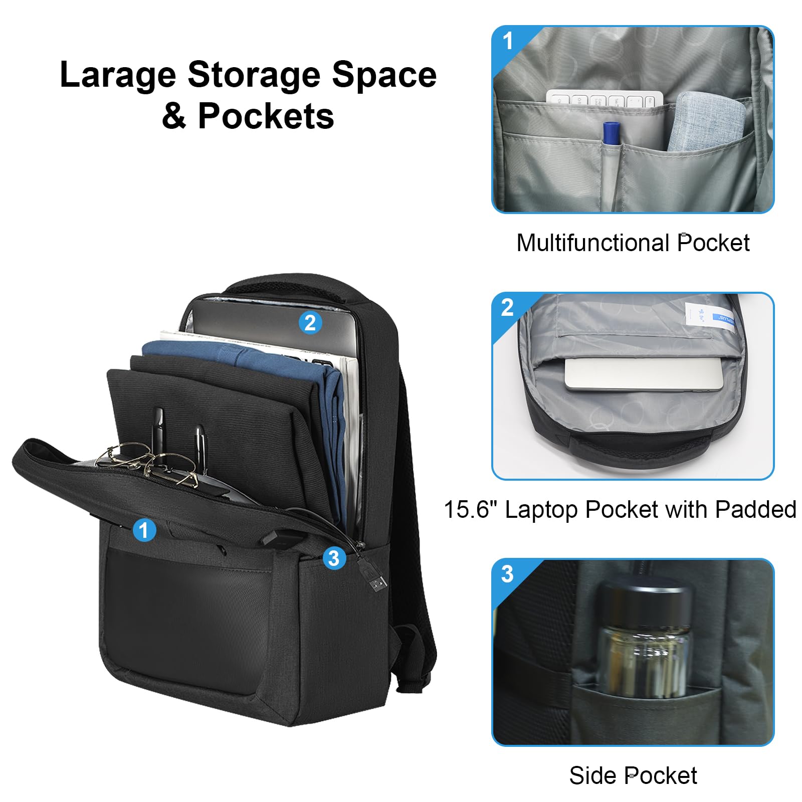 KYME Travel Backpack for Women & Men - Airline Approved Carry On Backpack with USB Charging Port & 15.6 Inch Laptop Compartment - Waterproof Casual Daypack for Business Travel, Weekend Trips & Commuting (Black)