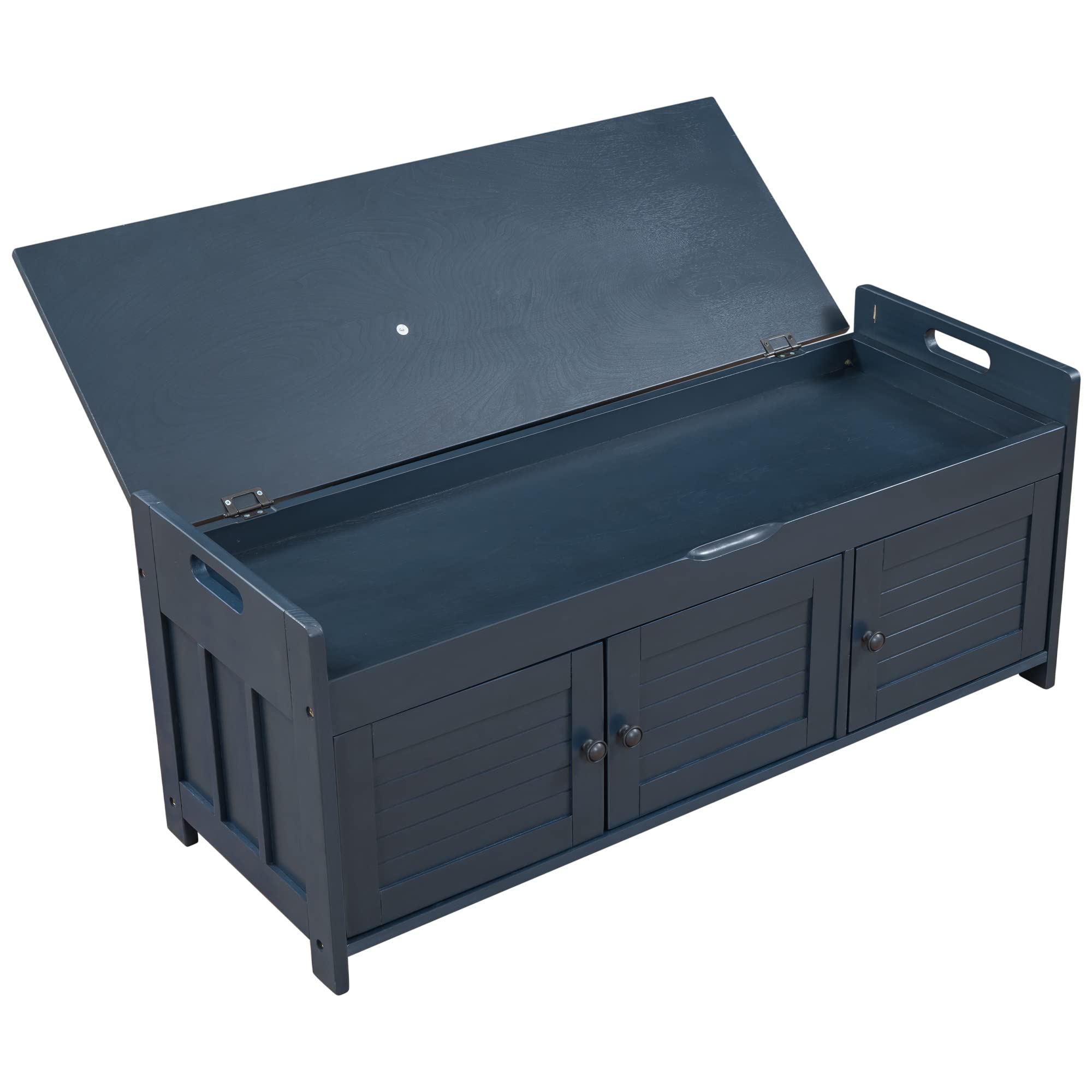 SOFTSEA Shoe Storage Bench with Shutter Doors - Entryway Organizer Bench with Removable Cushion & Hidden Storage Compartment - Perfect for Hallway, Mudroom & Small Space Organization (Antique Navy, Assembly Required)