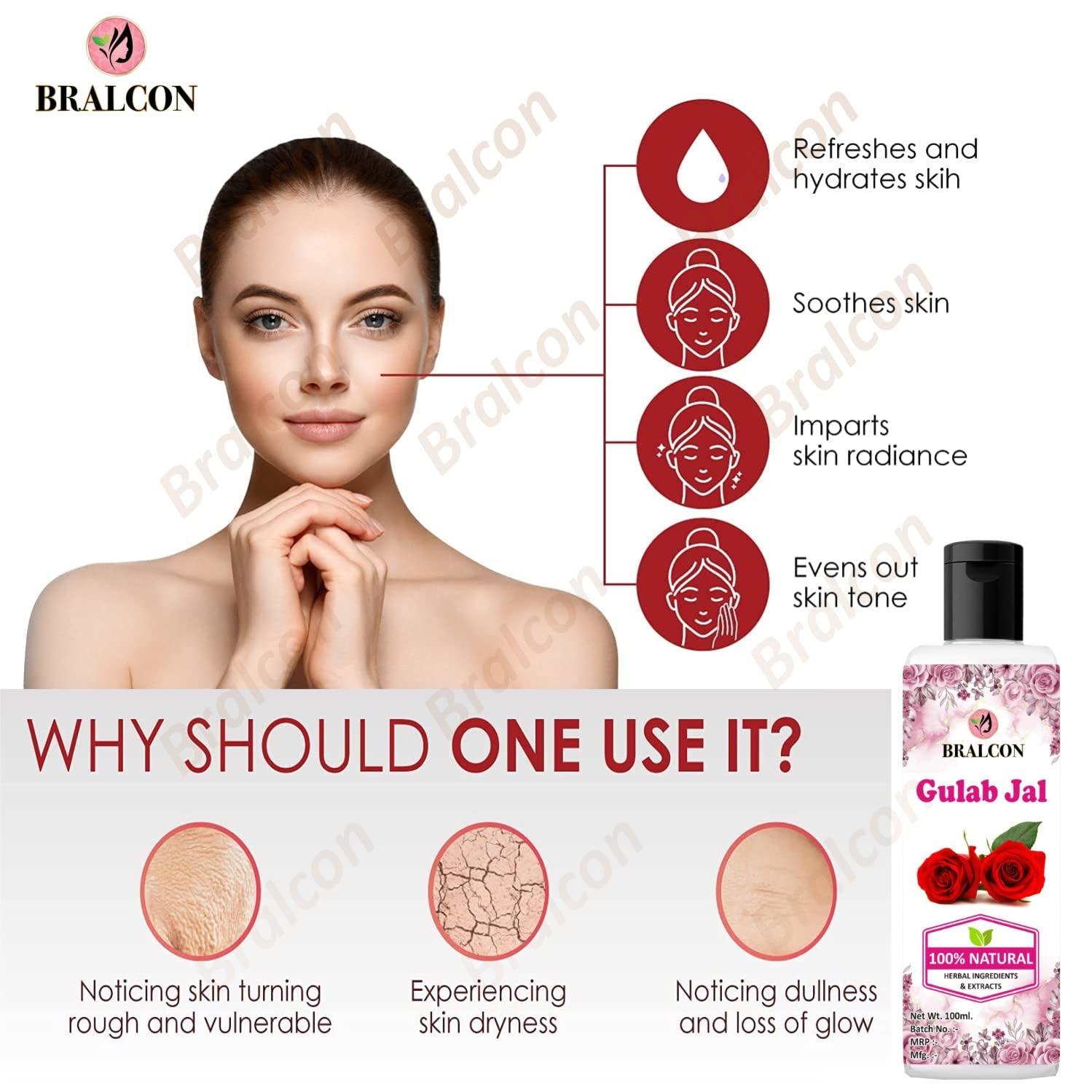 BRALCON Gulab Jal Rose Water (100ml) & Multani Mitti Clay Powder (100g) Combo Set - Natural Face Mask, Skin Brightening & Hair Care Treatment for Glowing Skin - Perfect for DIY Spa, Acne Treatment & Daily Beauty Routine