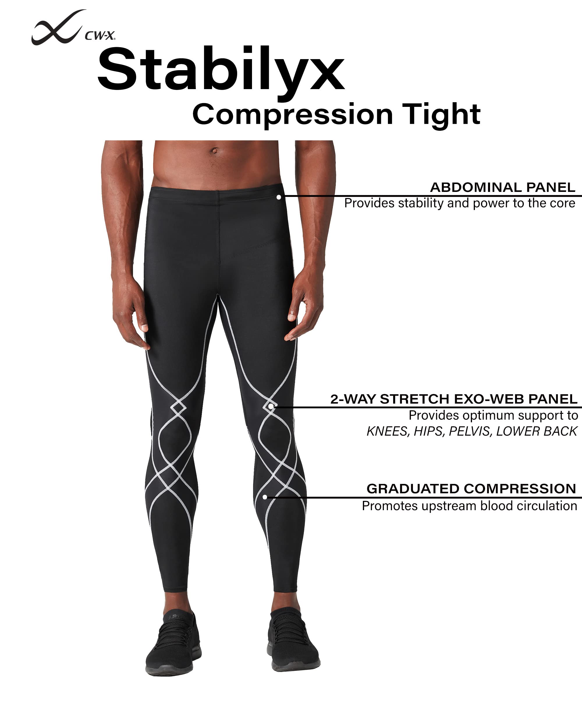 CW-X Men's Stabilyx Joint Support Compression Tights - High Performance Workout & Running Pants for Knee & Muscle Stability - Ideal for Cross Training, Marathon & Gym Sessions