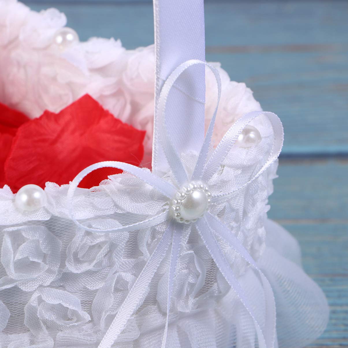 Happyyami White Heart-Shaped Lace Wedding Basket with Satin Roses - Bridal Flower Petal Holder for Wedding Ceremony, Reception & Party Decorations - Perfect for Aisle Scattering, Table Centerpieces & Photo Props