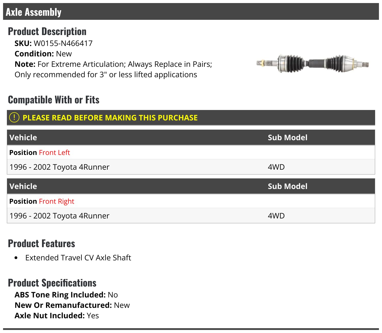 Premium Front CV Axle Assembly for 1996-2002 Toyota 4Runner 4WD | Extended Travel Design for Extreme Articulation | 3-Inch Lift Compatible | Durable Off-Road Replacement (Ideal for Rock Crawling, Overlanding & Trail Adventures)