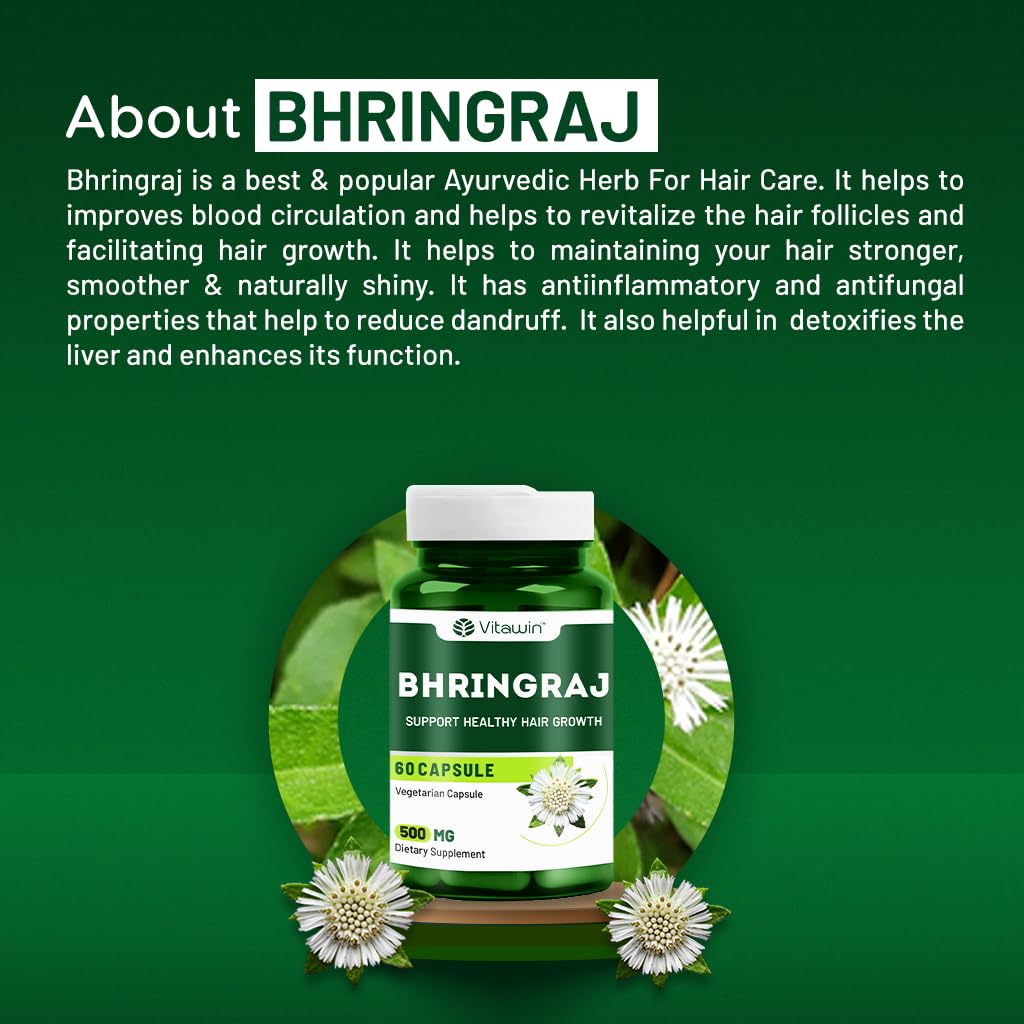 VitaWin Bhringraj Hair Growth Supplement - 500mg Natural Herbal Capsules for Healthy Hair (60 Count, Vegan) | Promotes Thicker, Stronger Hair Growth for Men & Women | Perfect for Daily Hair Care Routine & Ayurvedic Wellness
