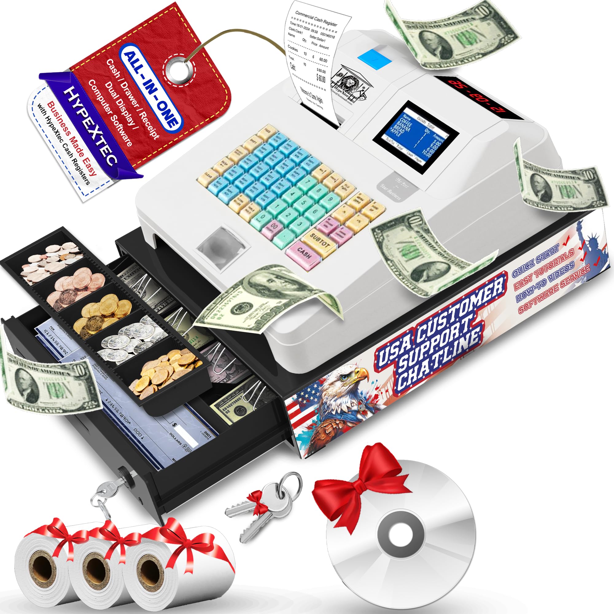 2025 Small Business Cash Register with Cash Drawer, Electronic Calculator, Dual Display & Auto Receipt Printing - Waterproof, Oil-Proof for Retail Stores, Restaurants & Shops (Multiple Colors)