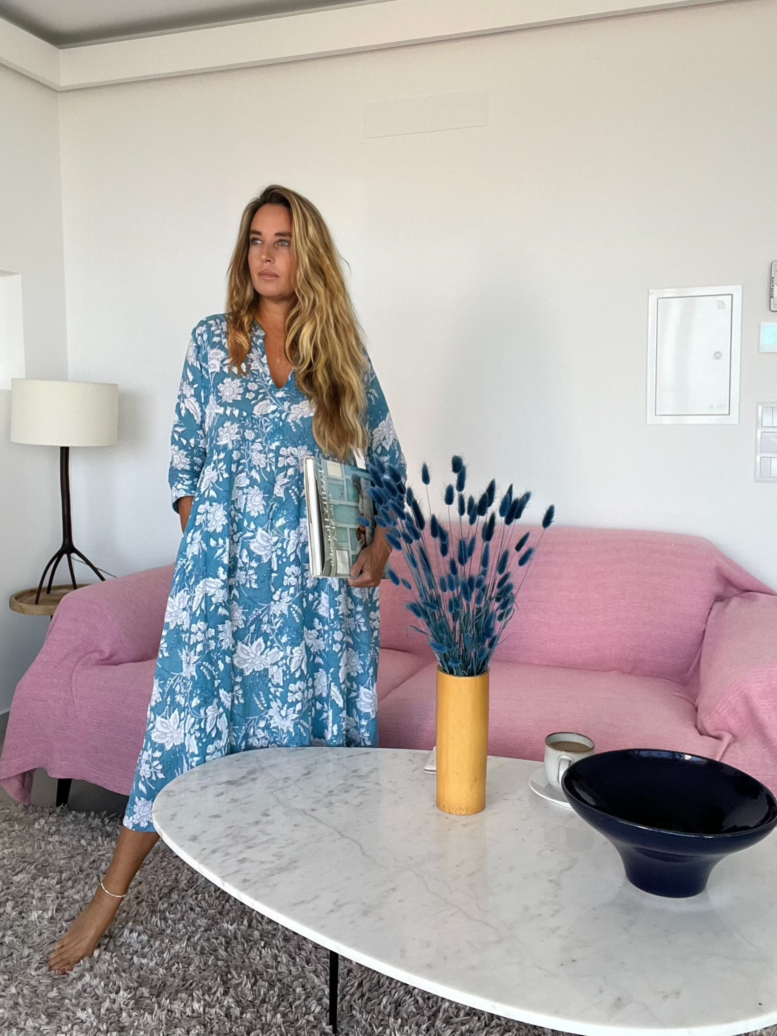 Anarkali Ibiza Blue Hand Block Print Boho Tunic Kaftan Dress - Perfect for Beach Vacations, Summer Parties & Boho Chic Outfits