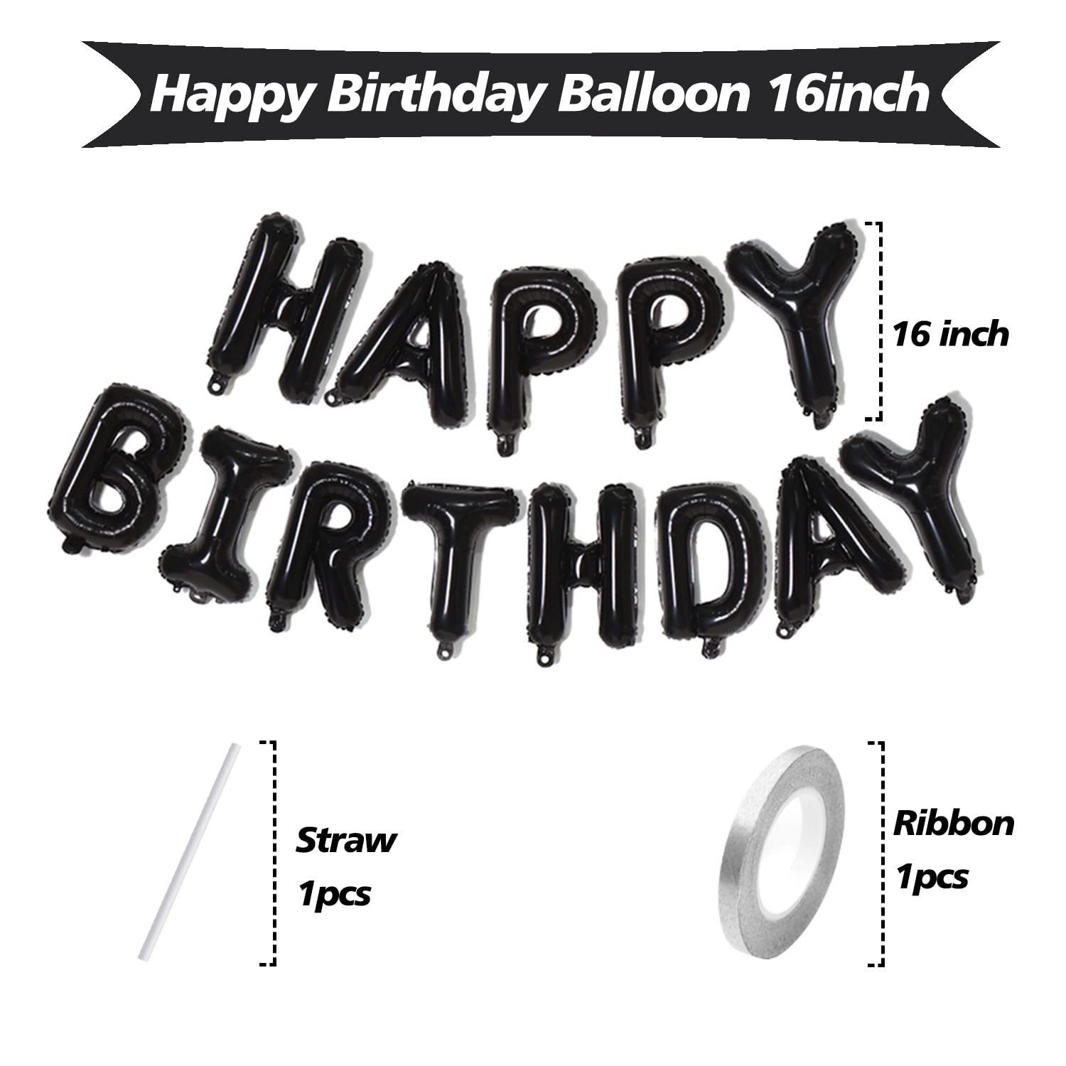 FUNTOOB 16 Inch Black Happy Birthday Balloons Banner - Large Birthday Sign Letter Balloons for Boys, Girls & Adults - Perfect for Birthday Parties, Baby Showers & Anniversary Celebrations