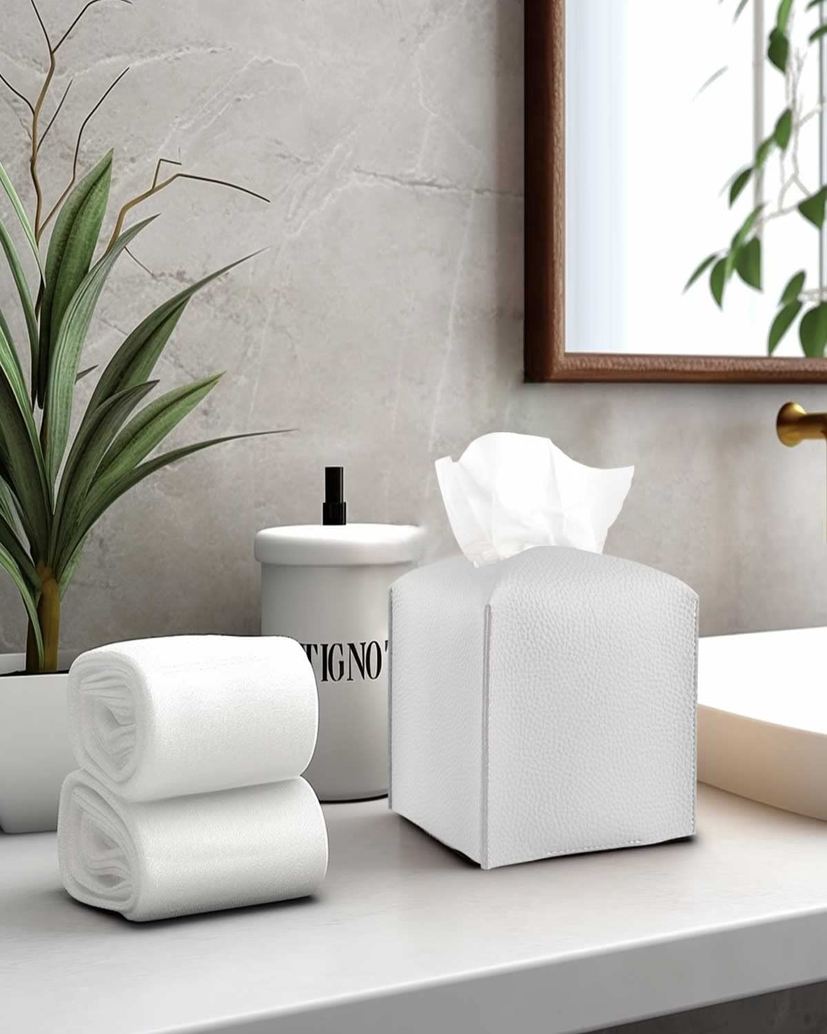 JESMINI Leather Tissue Box Cover with Bottom Belt - Light Gray Decorative Cube Box for Tissues | Bathroom Vanity, Nightstand, Office Desk & Home Decor Accessory