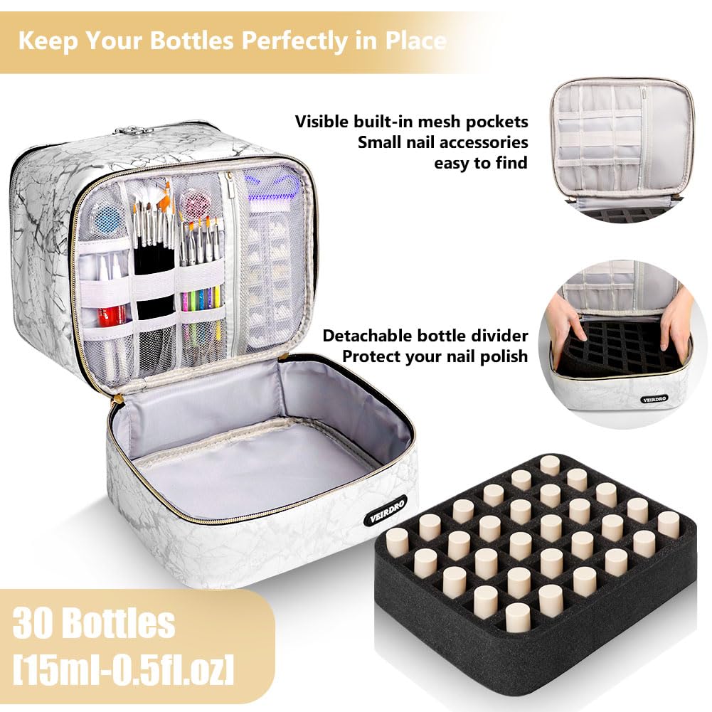 Premium Nail Polish Organizer Case - Holds 30 Bottles (15ml/0.5oz) & Nail Lamp - Large Manicure Storage Bag with Tool Compartments - Perfect for Salon Professionals & Home Nail Care (White)