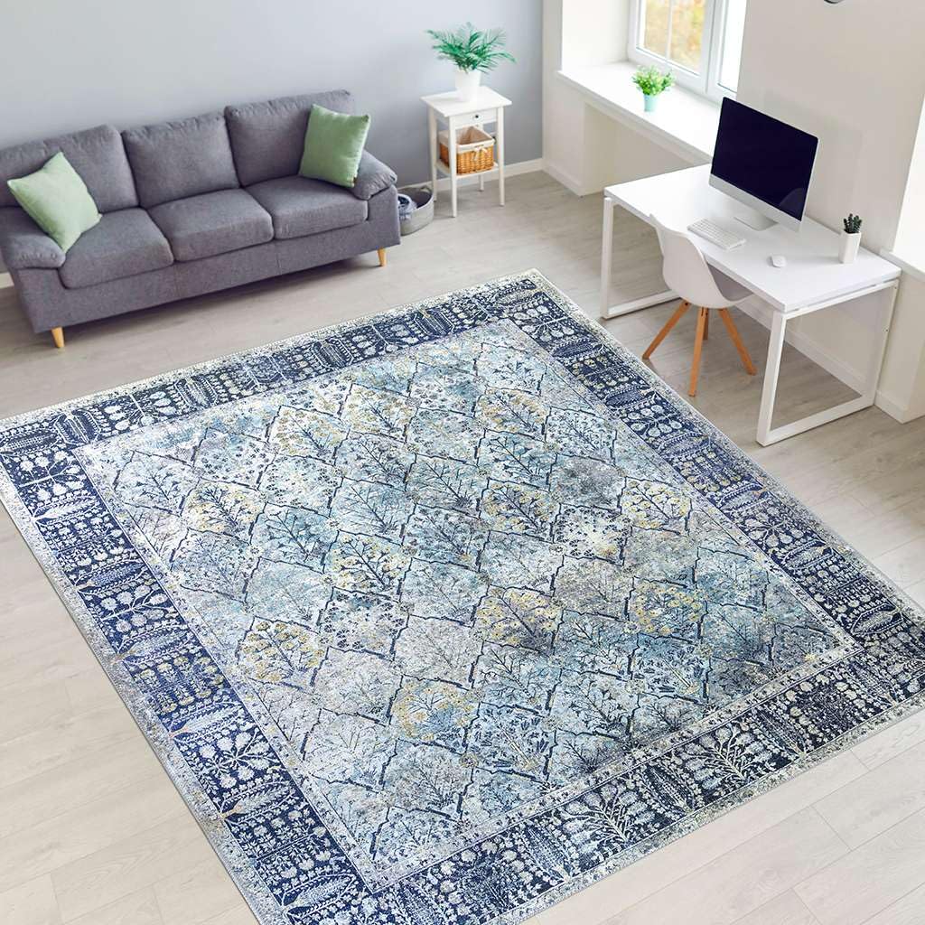 Softwoven 8x10 Machine Washable Cotton Area Rug - Non-Slip, Stain Resistant & Pet Friendly - Vintage Navy & Light Blue Design for Living Room, Bedroom & Hallway - Perfect for High Traffic Areas & Family Homes