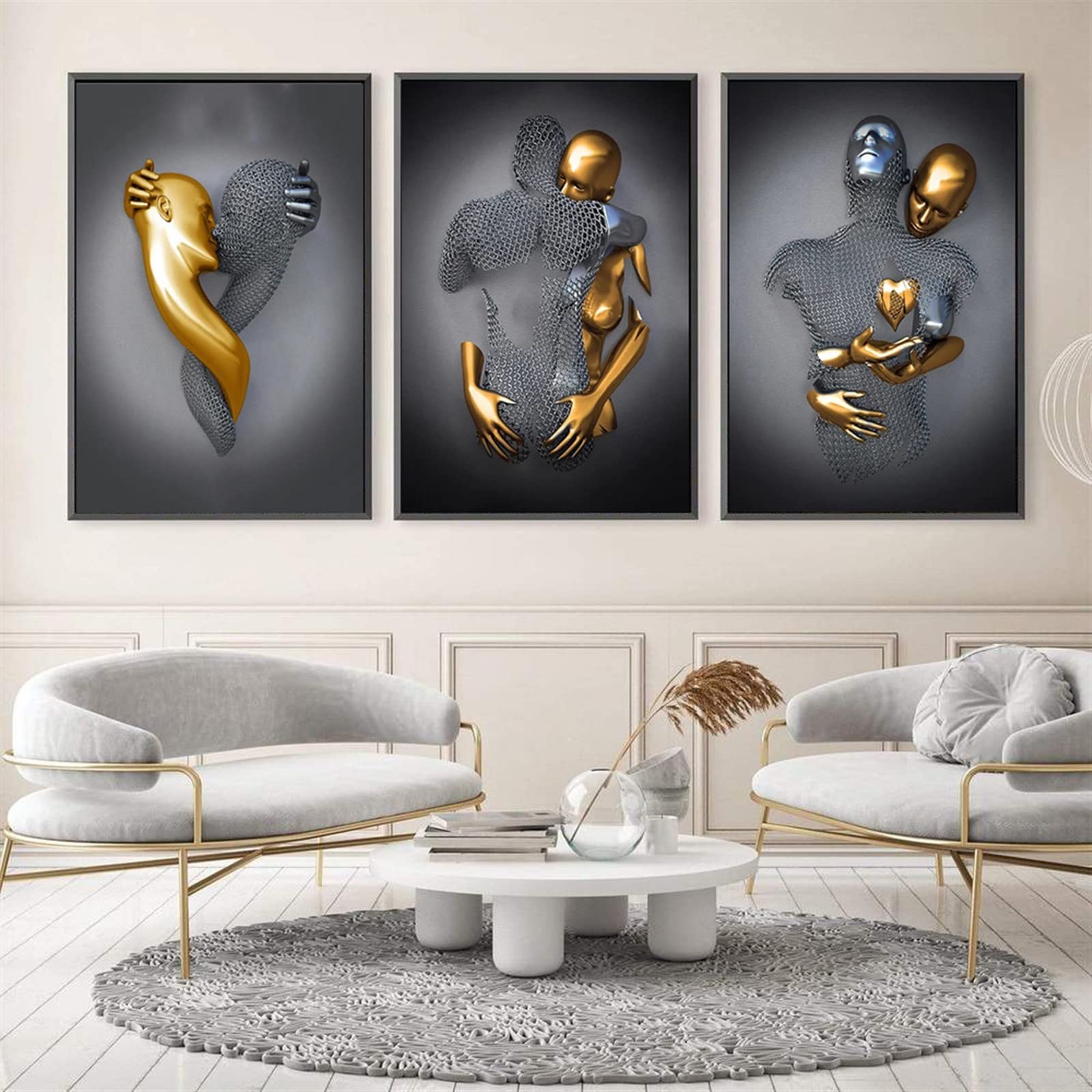3D Love Heart Wall Art Decor - Gray & Gold Romantic Couple Hug Abstract Painting, Modern Metal Sculpture Effect Print for Bedroom, Living Room, Bathroom | Perfect for Valentine's Gifts, Anniversary Decor & Home Styling