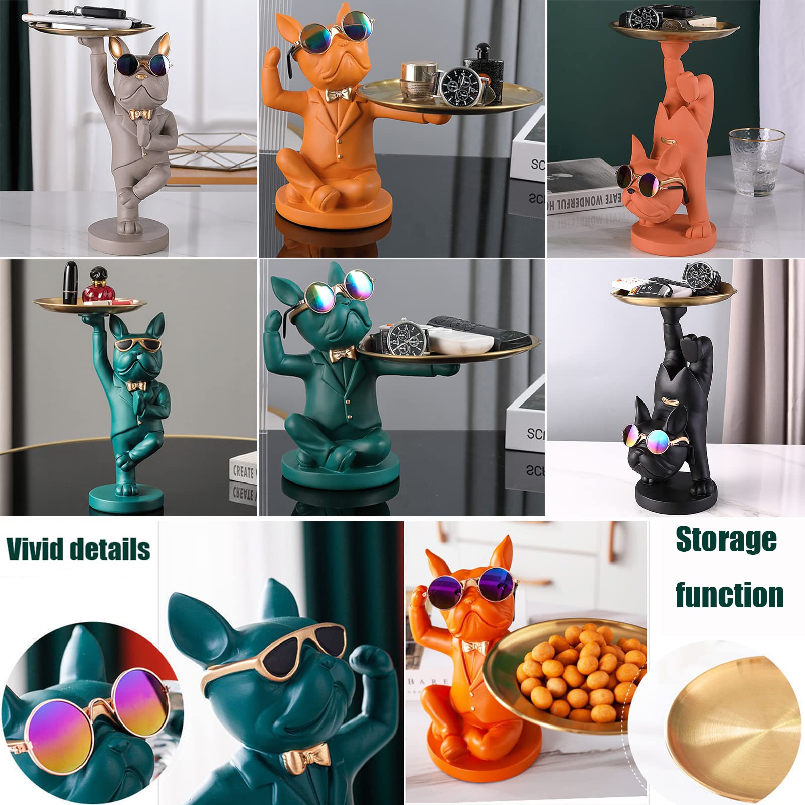 Resin Bulldog Tray - Animal Sculpture Key Holder & Jewelry Organizer with Storage Compartment | Perfect for Desk Decor, Candy Dish, Earrings Tray in Home, Office, or Shop (Black)