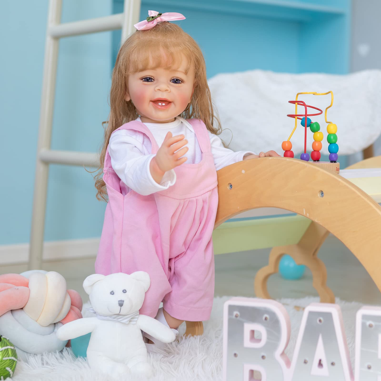 22 Inch Realistic Silicone Baby Doll - Lifelike Blonde Girl with Long Hair & Teeth, Pink Outfit - Perfect Gift for Kids Birthday, Role Play, Nursery Decor & Emotional Development