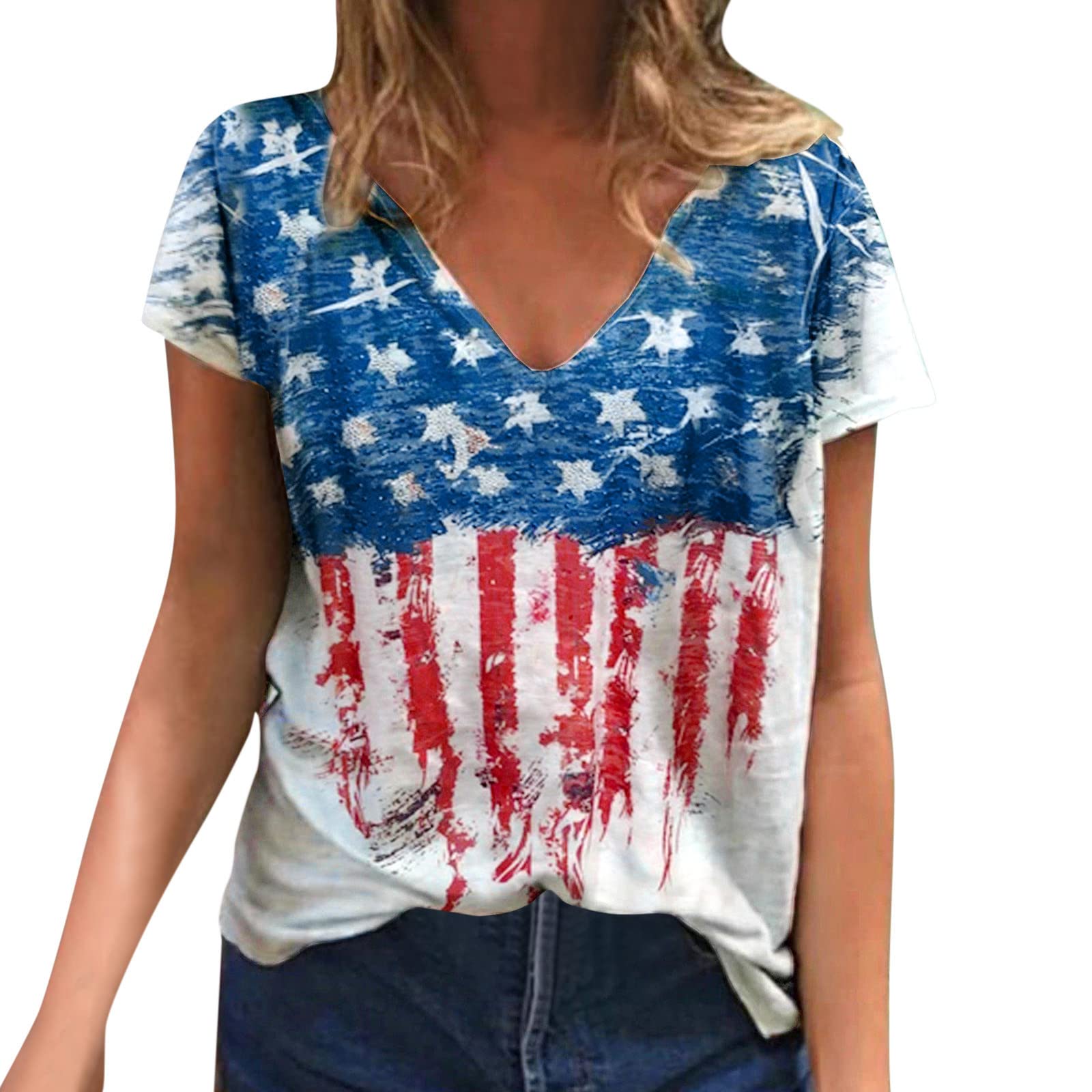 Vintage American Flag Printed Women's V-Neck T-Shirt - Patriotic Short Sleeve Summer Top for 4th of July, Independence Day & Casual Wear | Perfect for BBQ, Beach & Festivals