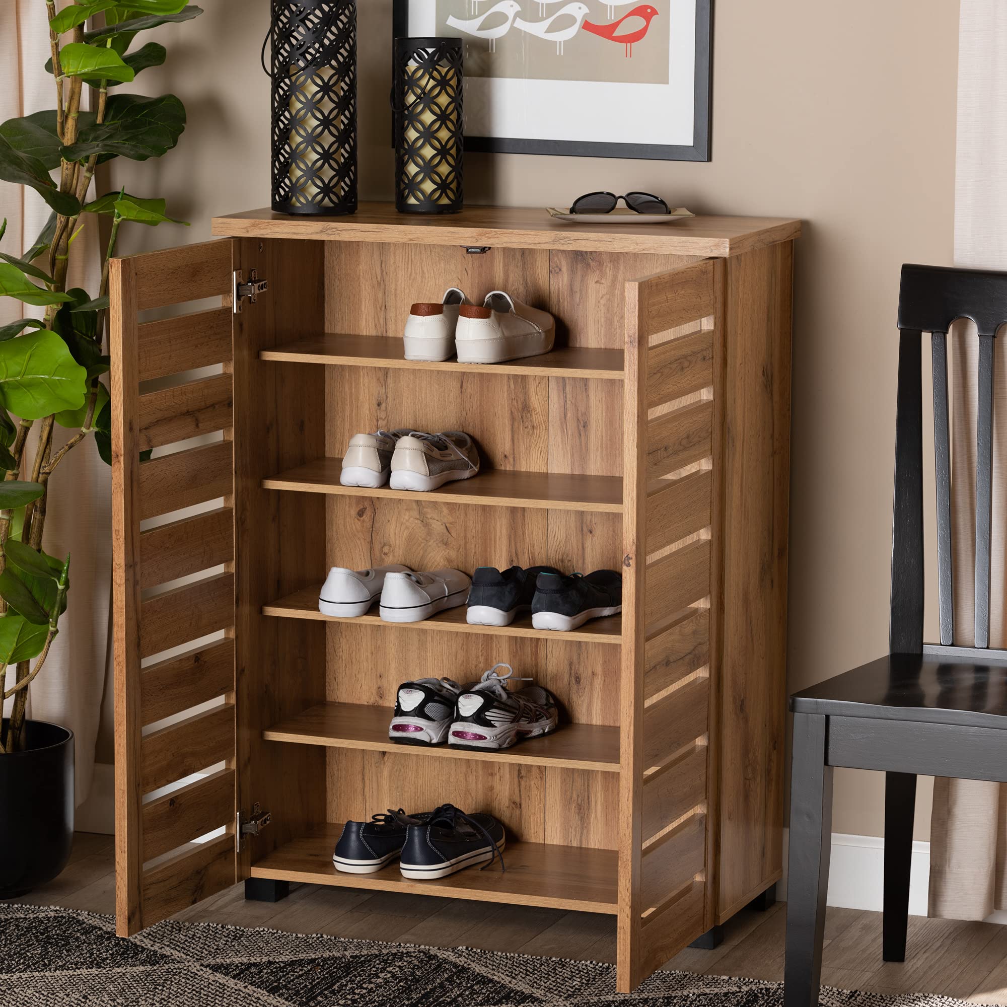 Baxton Studio Adalwin Modern Shoe Cabinet - 2-Door Oak Storage Organizer with Brown Finish | Perfect for Entryway, Closet & Bedroom Shoe Organization