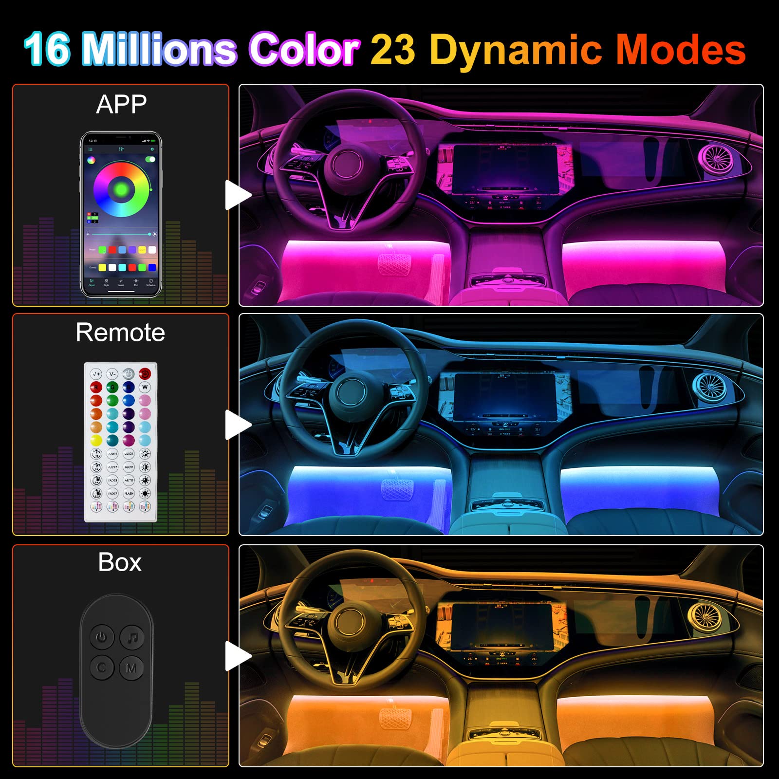 Unifilar Car LED Strip Light Kit - 4pcs 48 LED APP Controlled Multicolor Interior Lighting with Music Sync | Waterproof Under Dash Lights for iPhone & Android | Includes 12V Car Charger | Perfect for Car Customization, Night Driving & Party Atmosphere