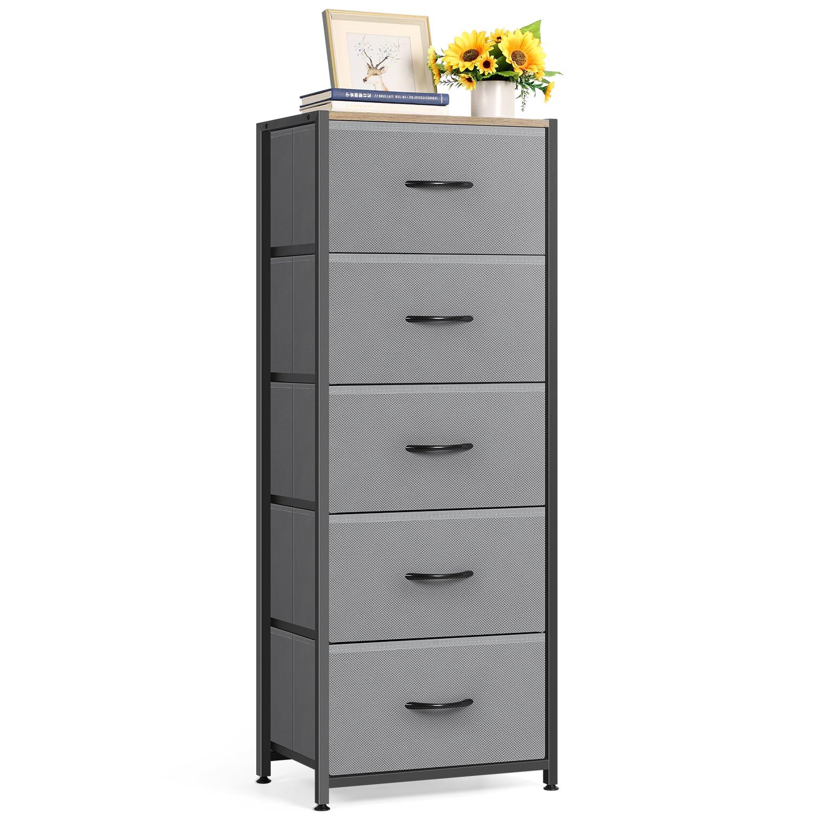 MOOACE 5-Drawer Dresser with Wooden Top - Tall Fabric Storage Tower Organizer for Bedroom, Closet, Living Room & Entryway - Sturdy Metal Frame in Grey - Perfect for Small Space Organization & Home Decor