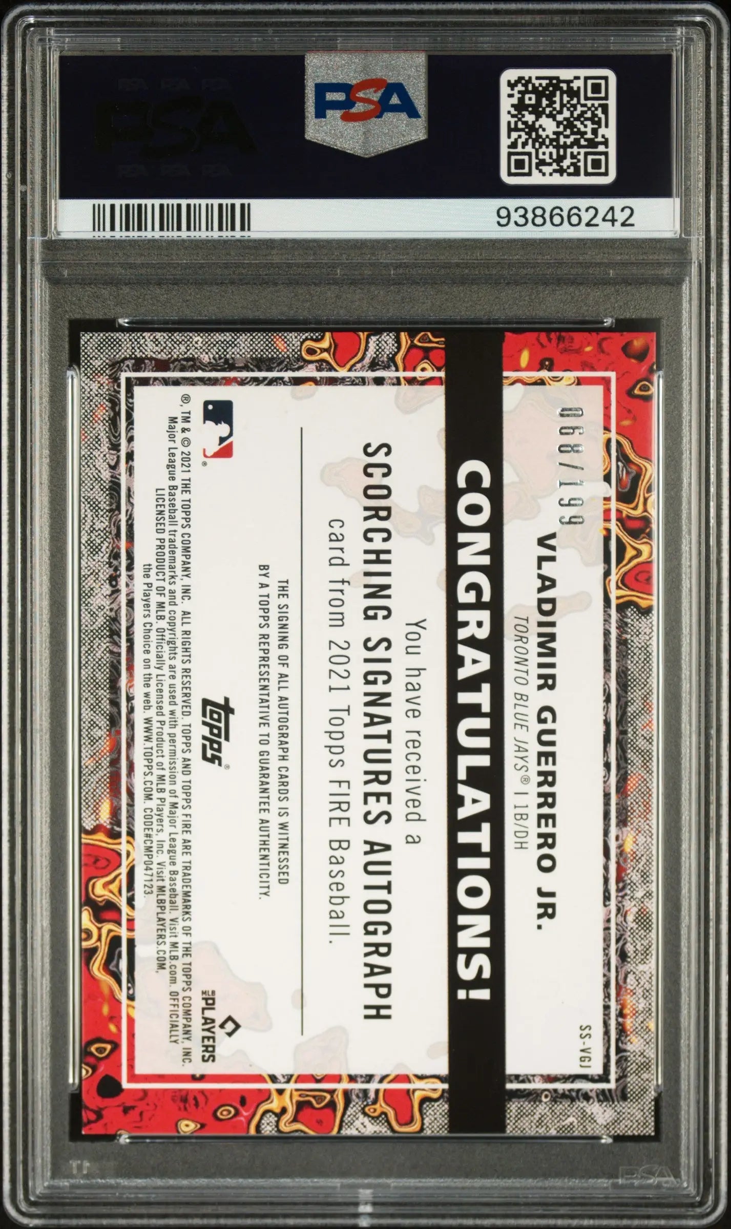 2021 Topps Fire Vladimir Guerrero Jr. Scorching Signatures Autograph Baseball Card PSA 9 /199 - Perfect for Sports Collectors & MLB Fans Display