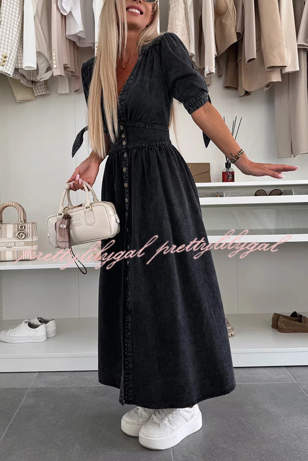 Stylish Solid Color V-Neck Button Down Denim Midi Dress for Women | Casual & Office Wear | Perfect for Spring & Summer Outings