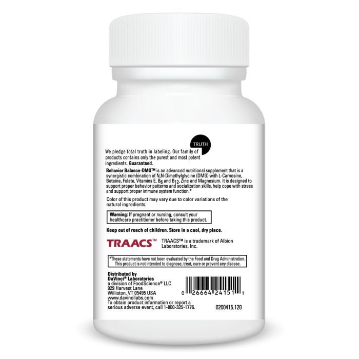 Davinci Labs Behavior Balance DMG™ Supplement - 120 Capsules for Focus, Mood & Cognitive Support - Ideal for ADHD, Autism & Stress Relief