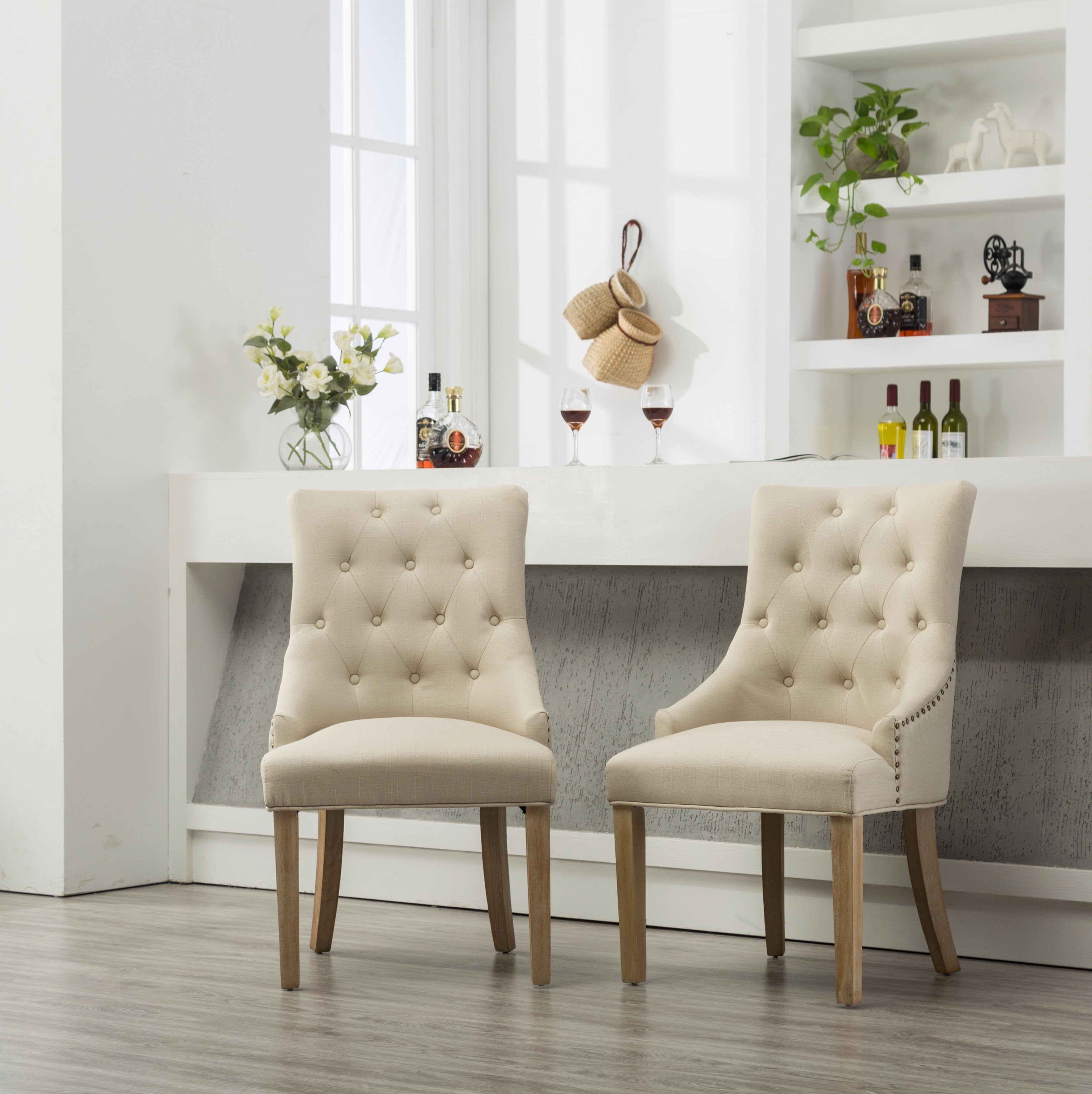Roundhill Furniture Solid Wood Wingback Hostess Chairs - Button Tufted with Nail Heads, Tan (Set of 2) - Perfect for Dining Room, Living Room or Home Office Decor