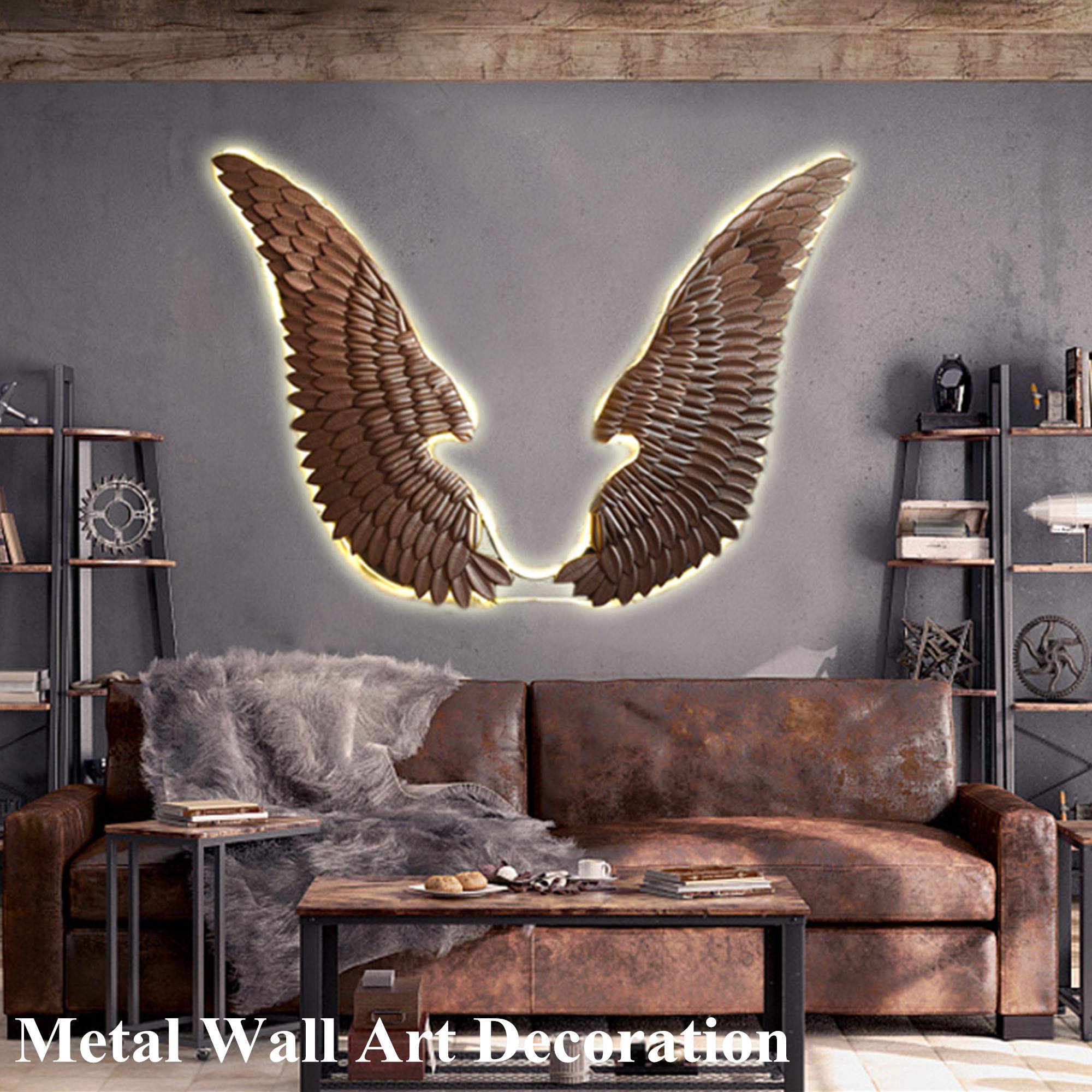 3D LED Angel Wing Metal Wall Art - Gold Wrought Iron Sculpture with Neon Lights for Beer Bar, Wedding, Party & Christmas Decor (110x100cm) - Perfect for Home, Restaurant, and Event Wall Decoration