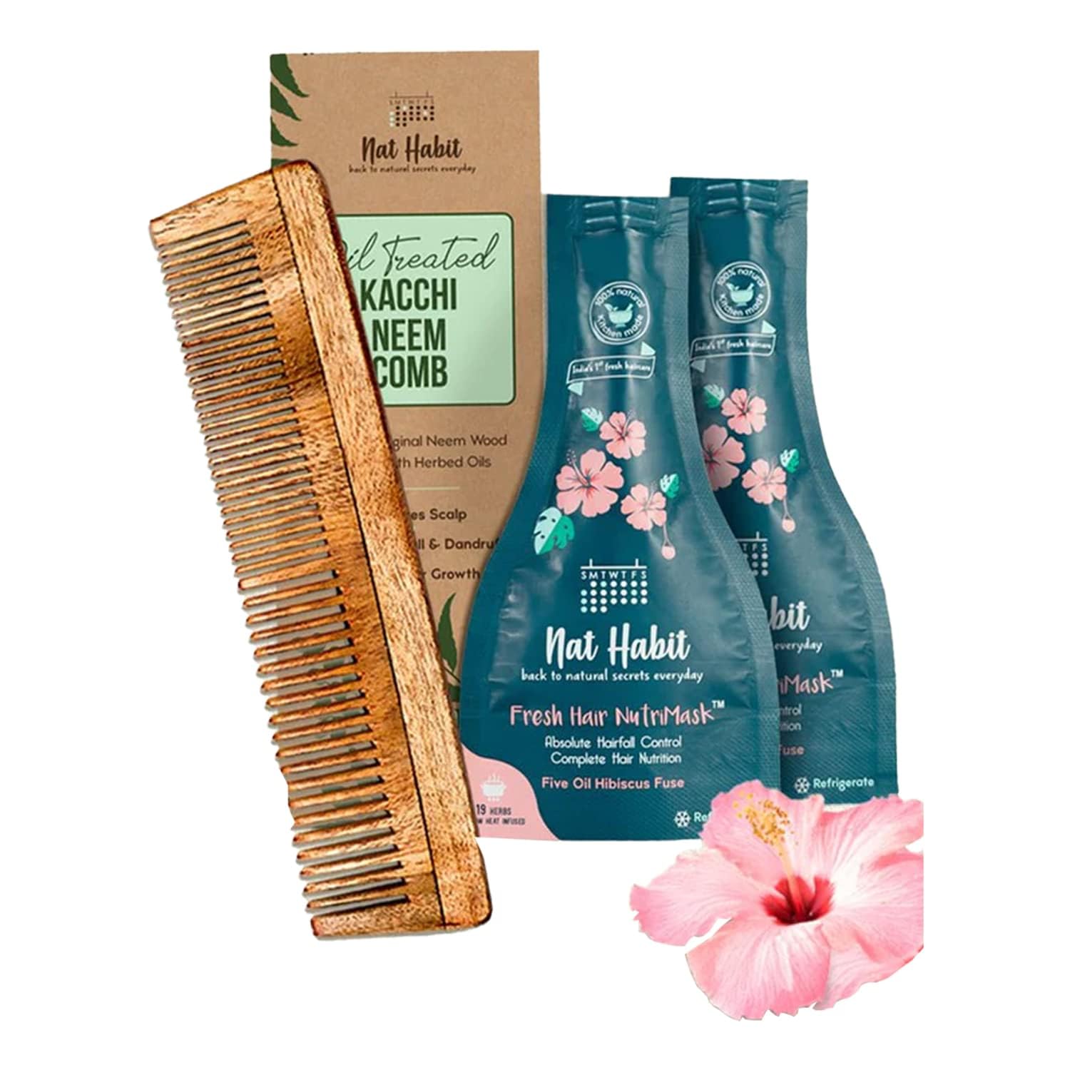 Nat Habit - Natural Wooden Kacchi Neem Comb & Hibiscus Hair NutriMask Set for Hair Growth, Hair Fall Control & Smoothing (Combo Pack of 3) - Perfect for Daily Hair Care & Scalp Health Routine