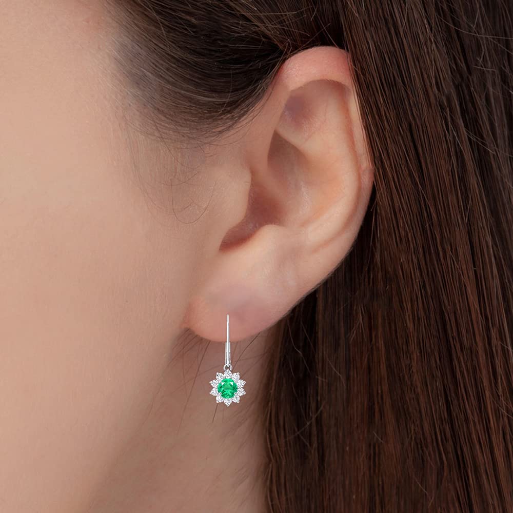 14K Gold & Platinum Round Emerald Dangling Earrings with Diamond Accents for Women - Perfect for Weddings, Parties & Special Occasions