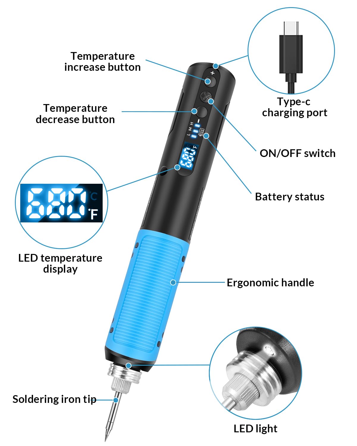 **Portable Cordless Soldering Iron Kit with Digital LED Screen & Adjustable Temperature (392-842°F) – USB Rechargeable Soldering Gun with LED Spotlight for DIY Electronics, Jewelry, and Home Repairs**
