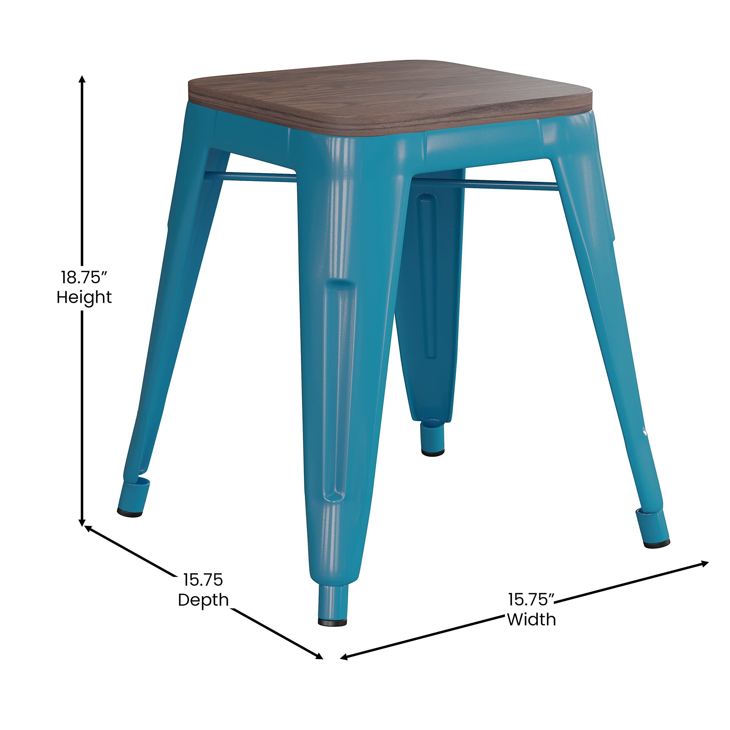 Commercial Grade Metal Dining Table Height Stool with Wooden Seat - Set of 4 Backless Teal Stackable Chairs 18
