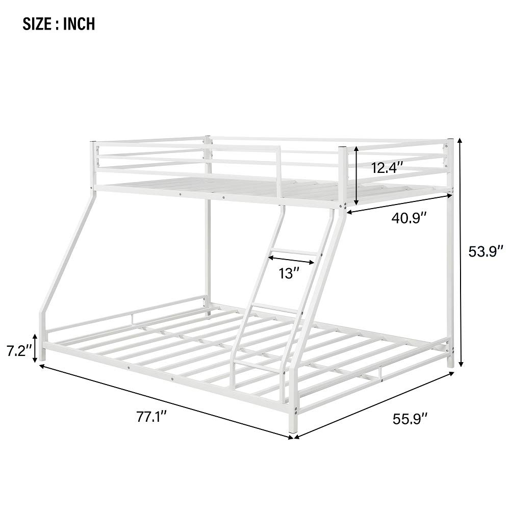 Rhomtree Metal Bunk Bed Frame - Twin Over Full Size with Safety Ladder & Guard Rail - Space Saving Design for Kids, Teens & Adults - Perfect for Bedrooms, Dorm Rooms & Small Spaces (White Finish)
