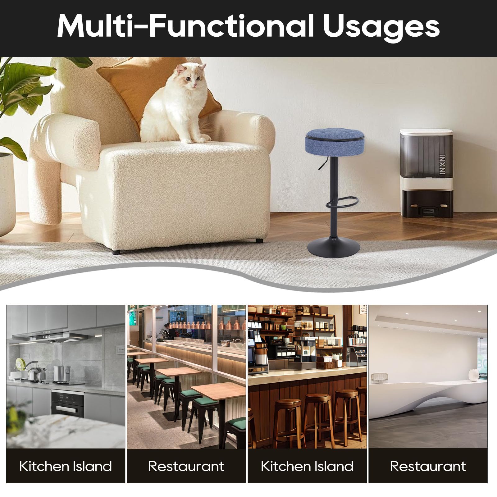 Fefances Swivel Round Airlift Bar Stool Set of 2 - Height Adjustable Armless Bar Chairs with Metal Frame for Kitchen, Dining Room, Pub & Cafe - Modern Linen Blue Stools for Home Decor & Commercial Use