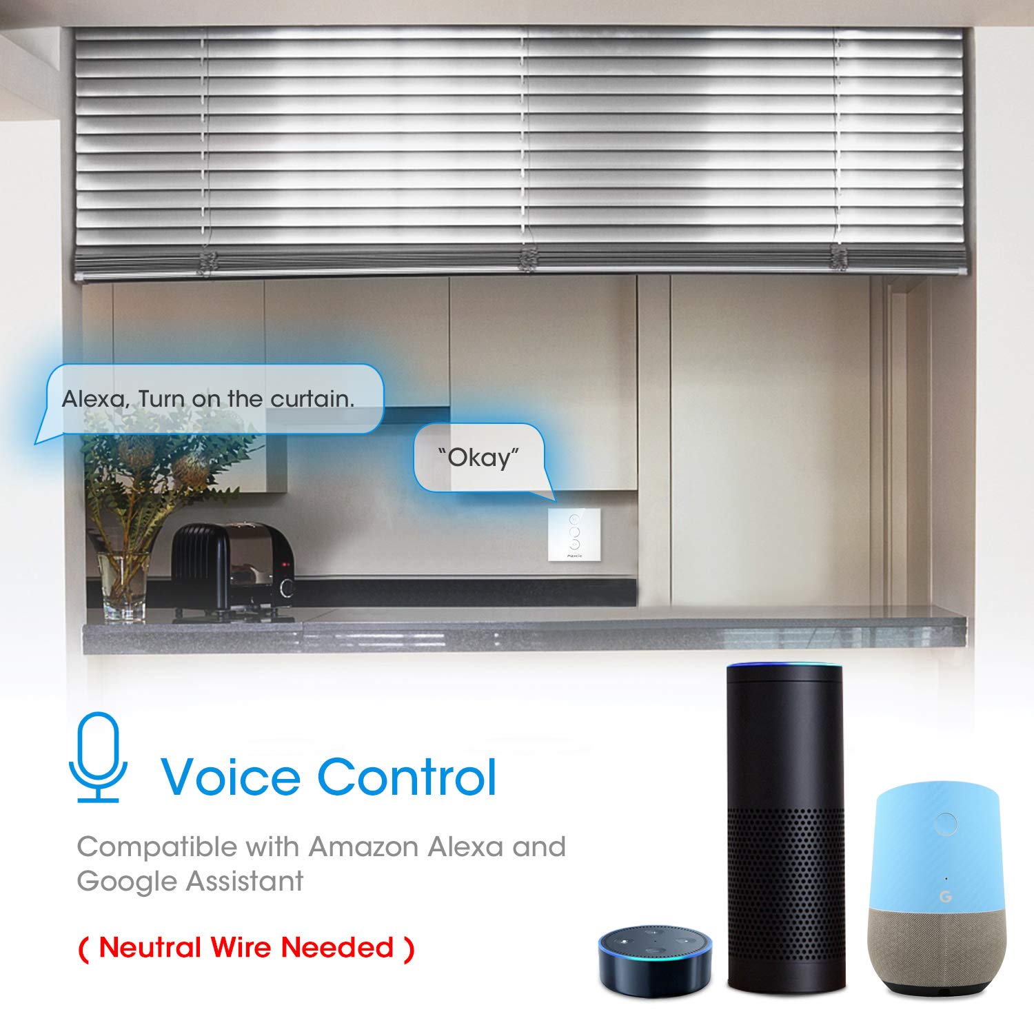 Maxcio WiFi Smart Roller Shade Switch - Compatible with Alexa & Google Home, Timer & Group Control for Awnings, Blinds & Curtains - White | Perfect for Smart Home Automation & Energy Savings