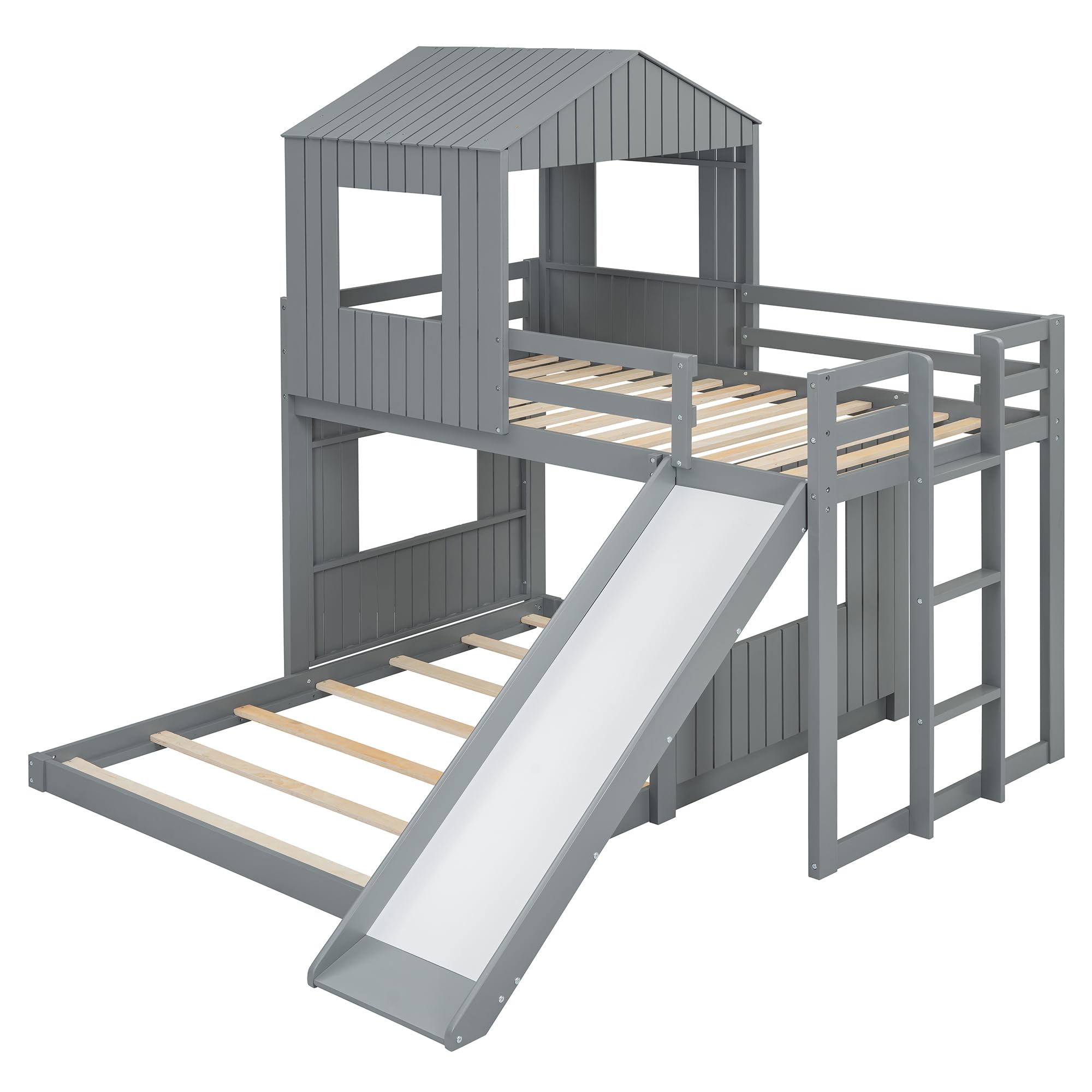 **MERITLINE Twin Over Full Bunk Bed with Slide & Playhouse Design - Wooden Kids Bunk Bed with Roof, Windows & Ladder - Gray - Perfect for Boys & Girls Bedroom, Playroom or Small Space**    (Note: The original title was already in English, so no translation was needed. The optimized version improves readability, adds relevant keywords, and includes usage scenarios like 