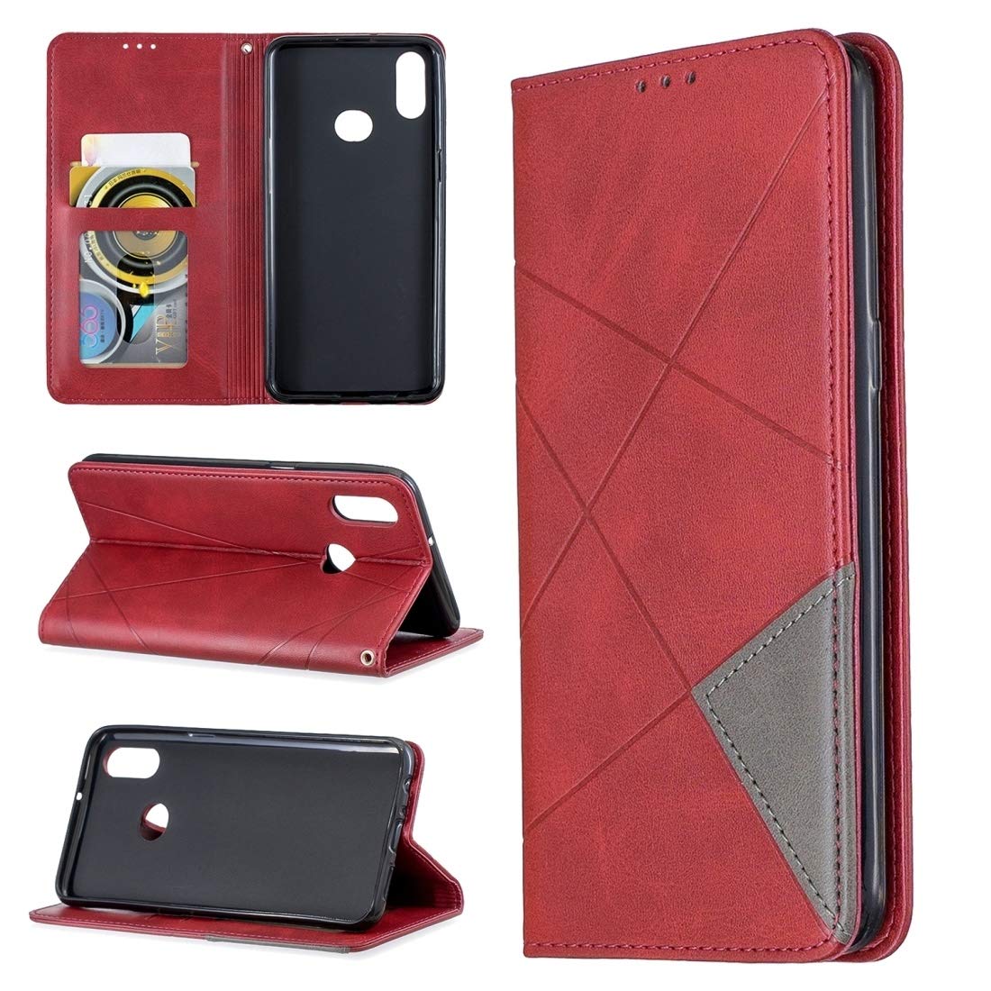 Premium Magnetic Leather Case for Samsung Galaxy A10s - Rhombus Texture Horizontal Flip Cover with Card Slots & Phone Holder (Red) | Perfect for Work, Travel & Everyday Protection