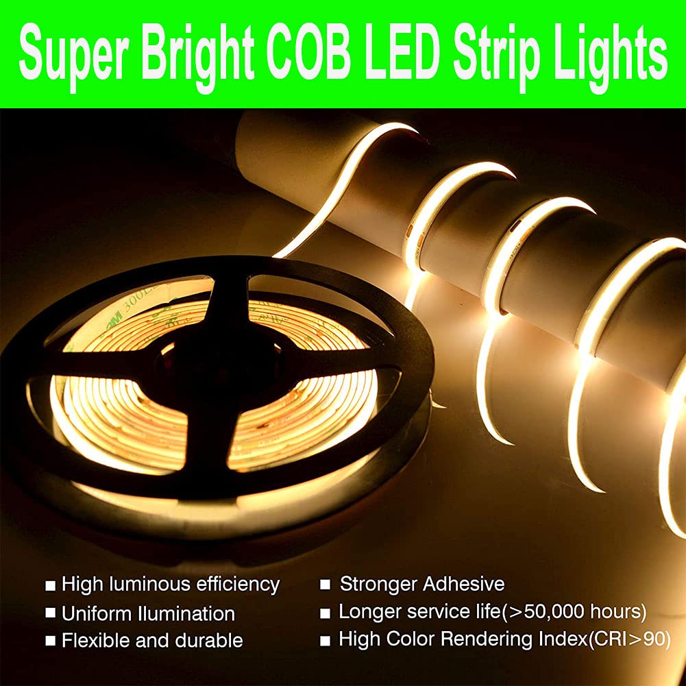 16.4ft/5m LED Strip Lights 2400 LEDs COB Light Strip - 48000LM Super Bright Dimmable Non-Waterproof LED Tape Light - Warm White 3500K - Even Lighting for Home, Bedroom, Kitchen, Cabinet, and Party Decorations