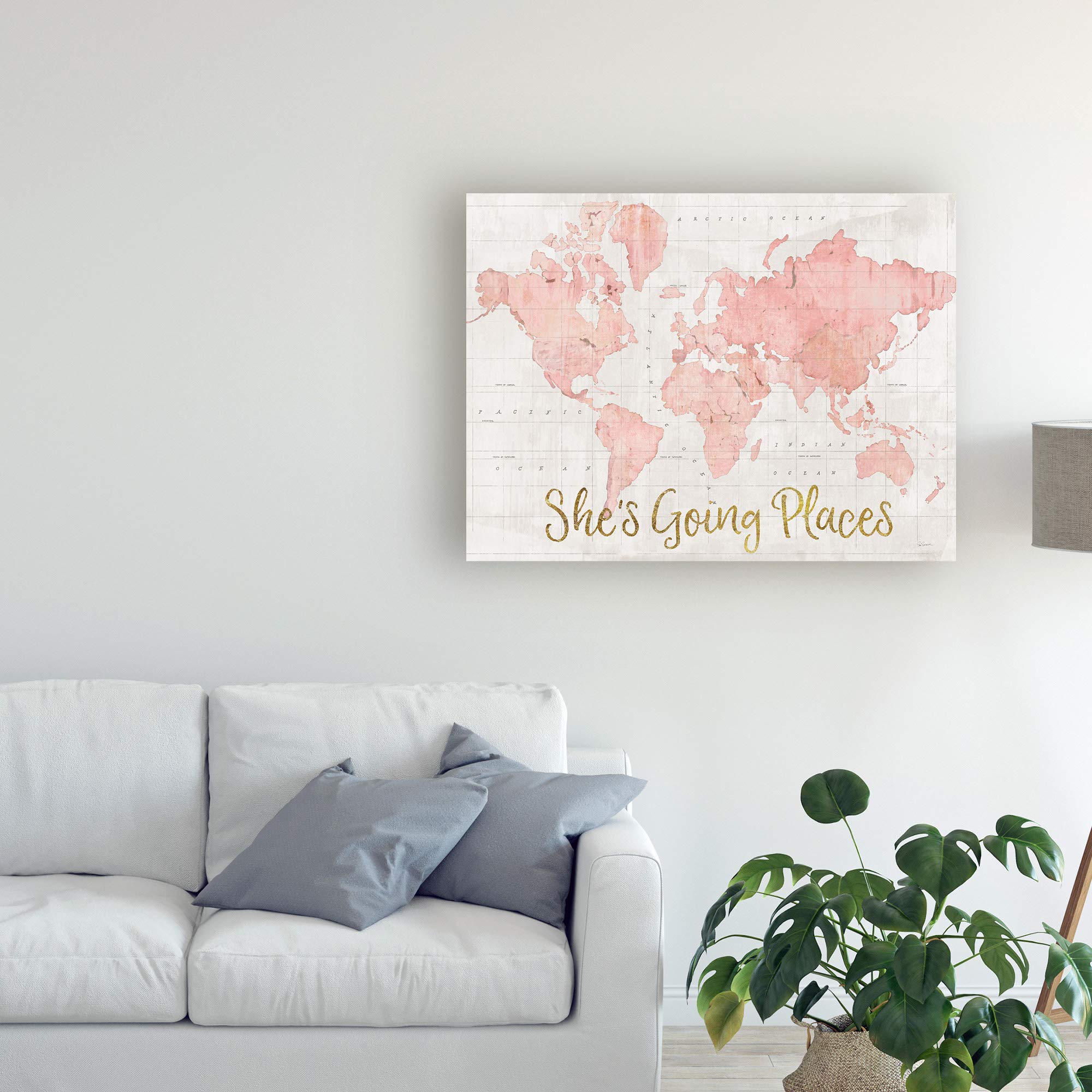 Trademark Fine Art - Sue Schlabach's 'Across The World She's Going Places' Pink Wall Art Print 35x47 - Perfect for Girls' Bedroom, Nursery Decor & Inspirational Gift