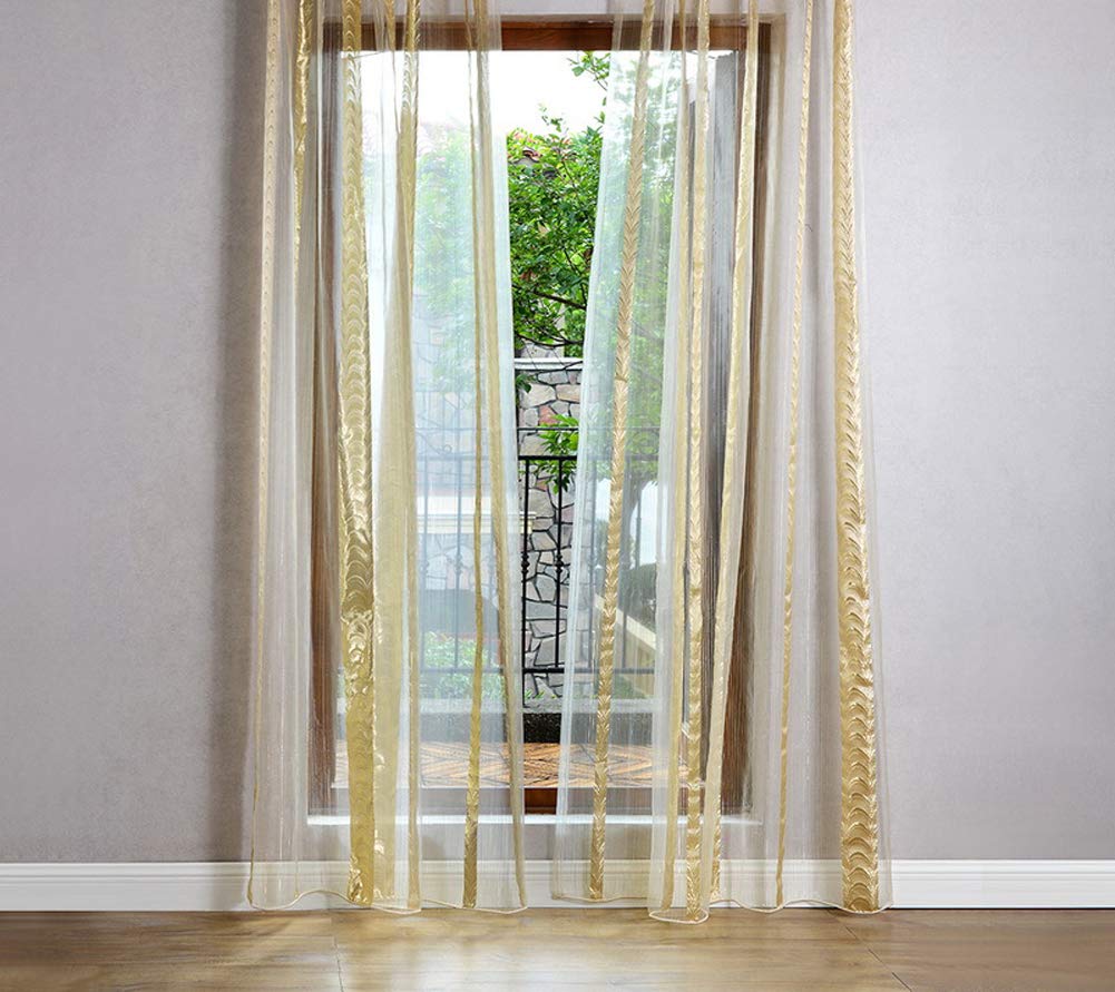 Gold Jacquard Striped Sheer Voile Window Curtains - 2 Panels 100x102 Inch - Light Filtering Transparent Drapes for Living Room, Bedroom, Dining Room - Elegant Home Decor & Privacy Treatments
