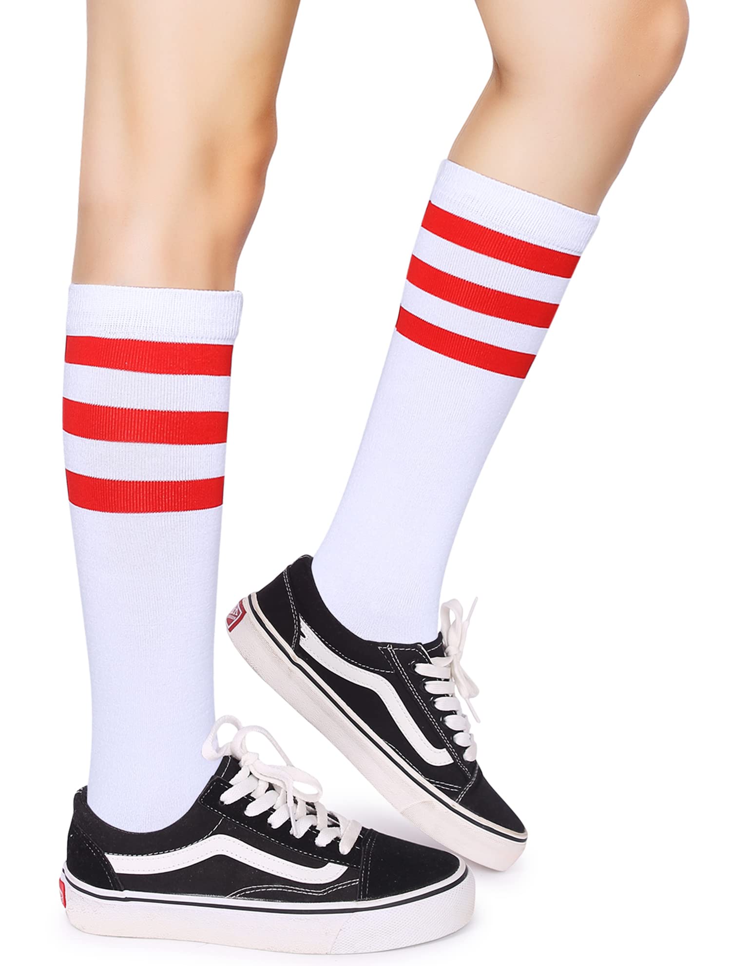 Henwarry Over the Calf Tube Socks - Classic Triple Stripes Cotton Retro Athletic Socks for Men & Women - Perfect for Running, Sports & Casual Wear