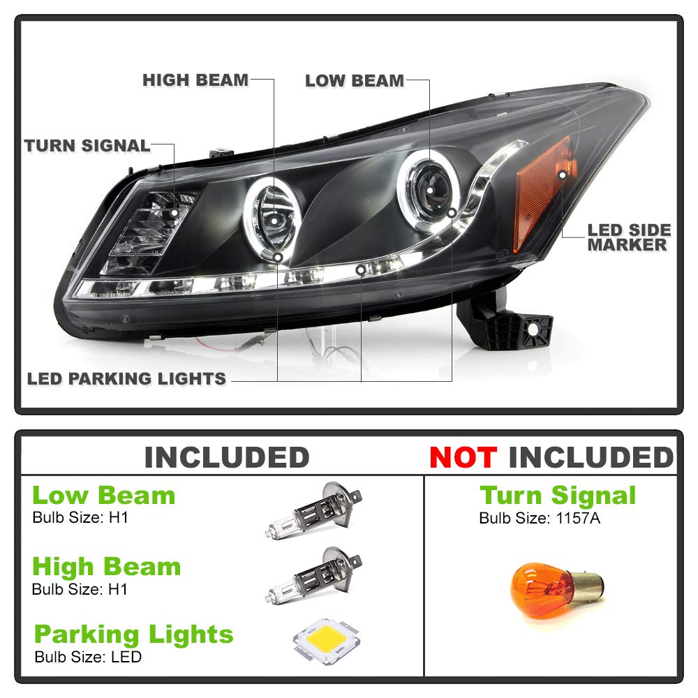 ACANII LED DRL Halo Projector Headlights - Compatible with 2008-2012 Honda Accord 4 Door Sedan, Black Housing, Left & Right Pair - Upgrade Your Night Driving & Style