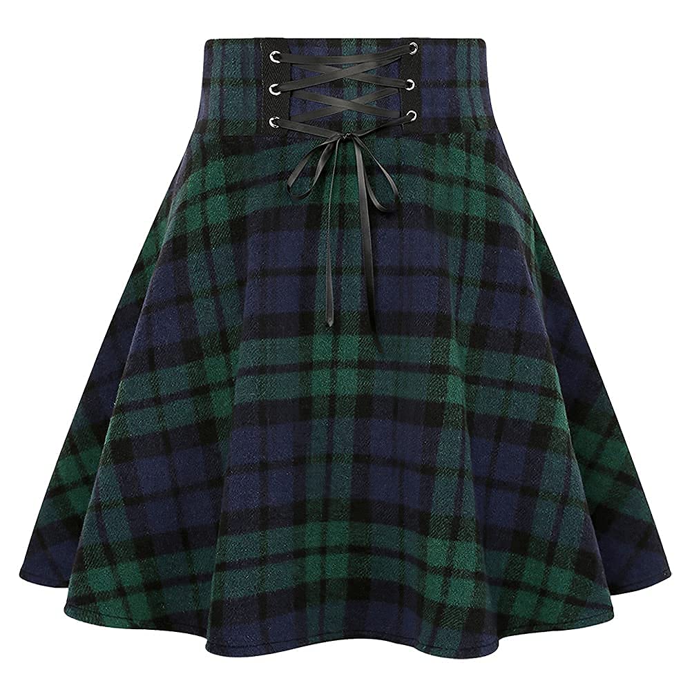 Kinghua Women's Warm Wool Plaid Mini Skirt - High Waisted Lace Up Pleated Skater Skirt for Winter | Perfect for Office, Dating & Holiday Outfits