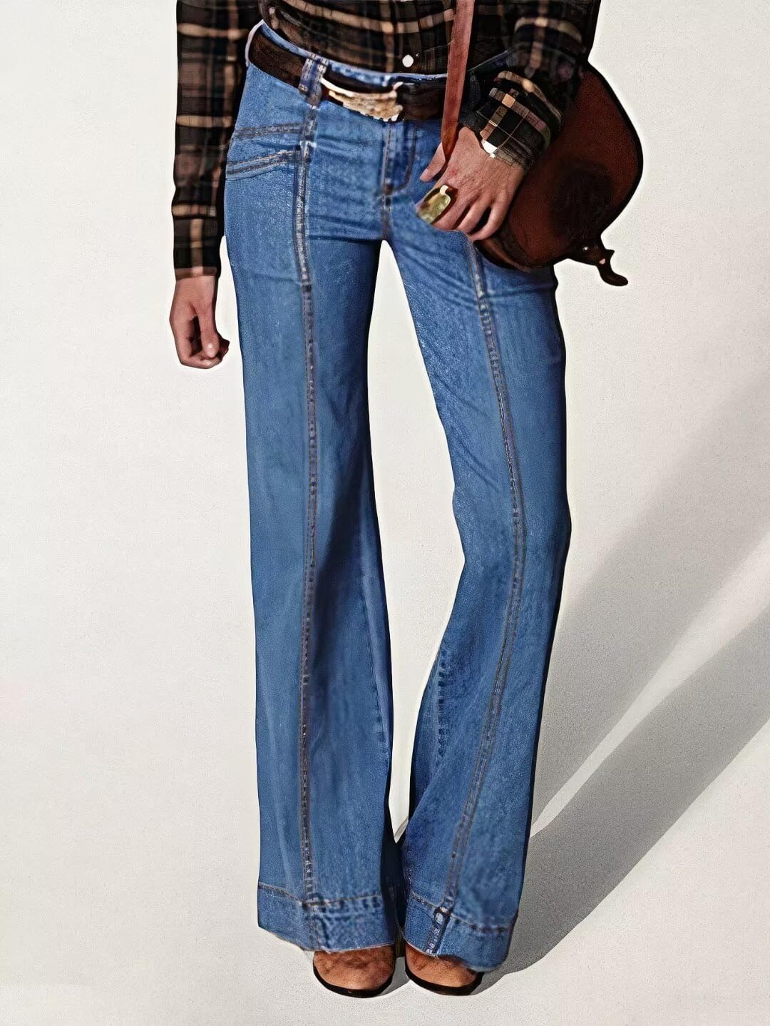 Flamingals Women's Low Rise Flare Jeans - Tall Baggy Denim Pants with Seam Front for Casual & Retro Style | Perfect for Everyday Wear, Parties & 70s Fashion Looks